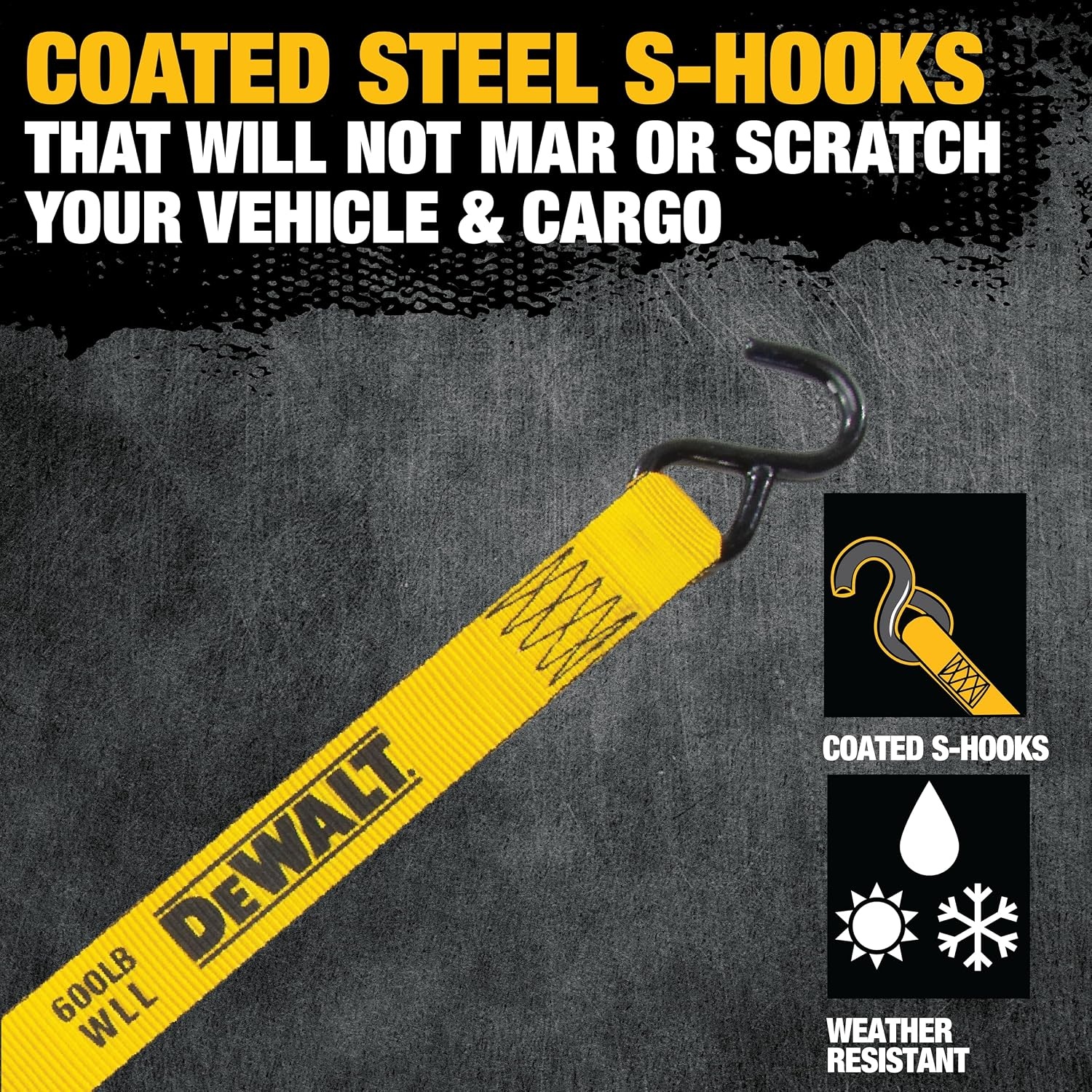 image:imageDEWALT 15165000 lbs HeavyDuty Ratchet Straps 2Pack Ergonomic Open Grip Handles Armored Side Caps WearWeatherResistant Straps Coated Double JHooksSecure Heavyweight Cargo12 Pack