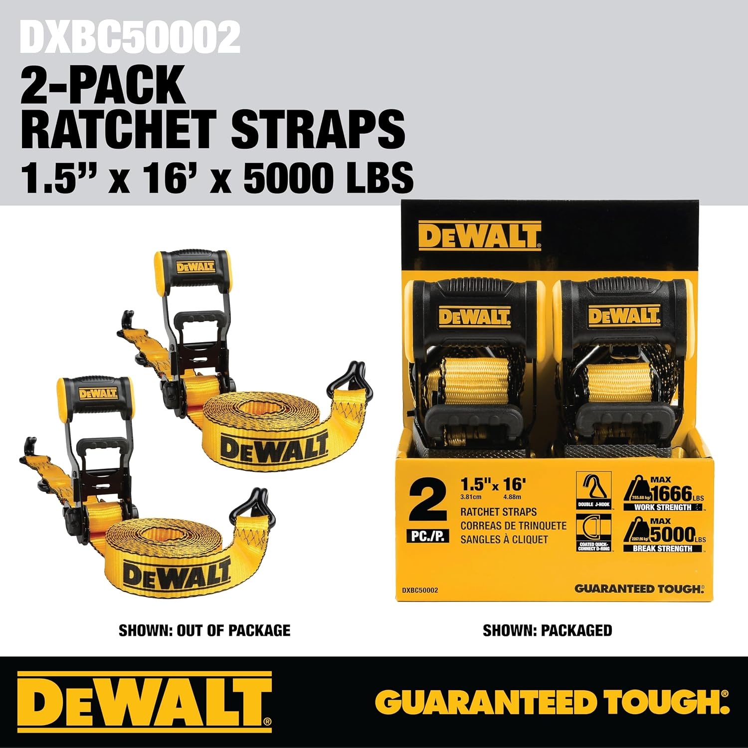 image:imageDEWALT 15165000 lbs HeavyDuty Ratchet Straps 2Pack Ergonomic Open Grip Handles Armored Side Caps WearWeatherResistant Straps Coated Double JHooksSecure Heavyweight CargoHeavy Cargo Hauling 2 Pack
