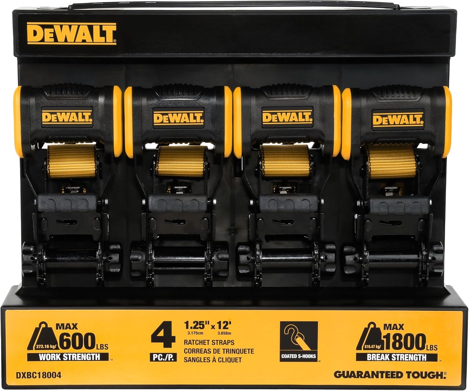 image:imageDEWALT 15165000 lbs HeavyDuty Ratchet Straps 2Pack Ergonomic Open Grip Handles Armored Side Caps WearWeatherResistant Straps Coated Double JHooksSecure Heavyweight Cargo4 Pack
