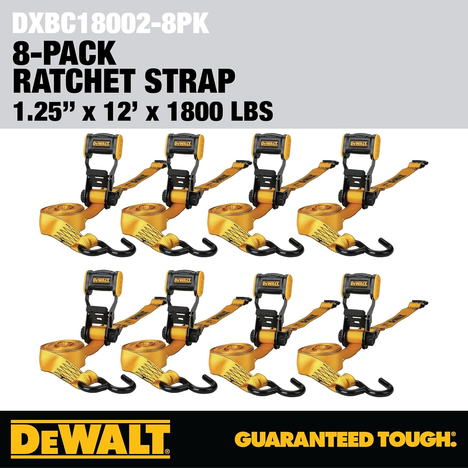 image:imageDEWALT 15165000 lbs HeavyDuty Ratchet Straps 2Pack Ergonomic Open Grip Handles Armored Side Caps WearWeatherResistant Straps Coated Double JHooksSecure Heavyweight Cargo8 Pack