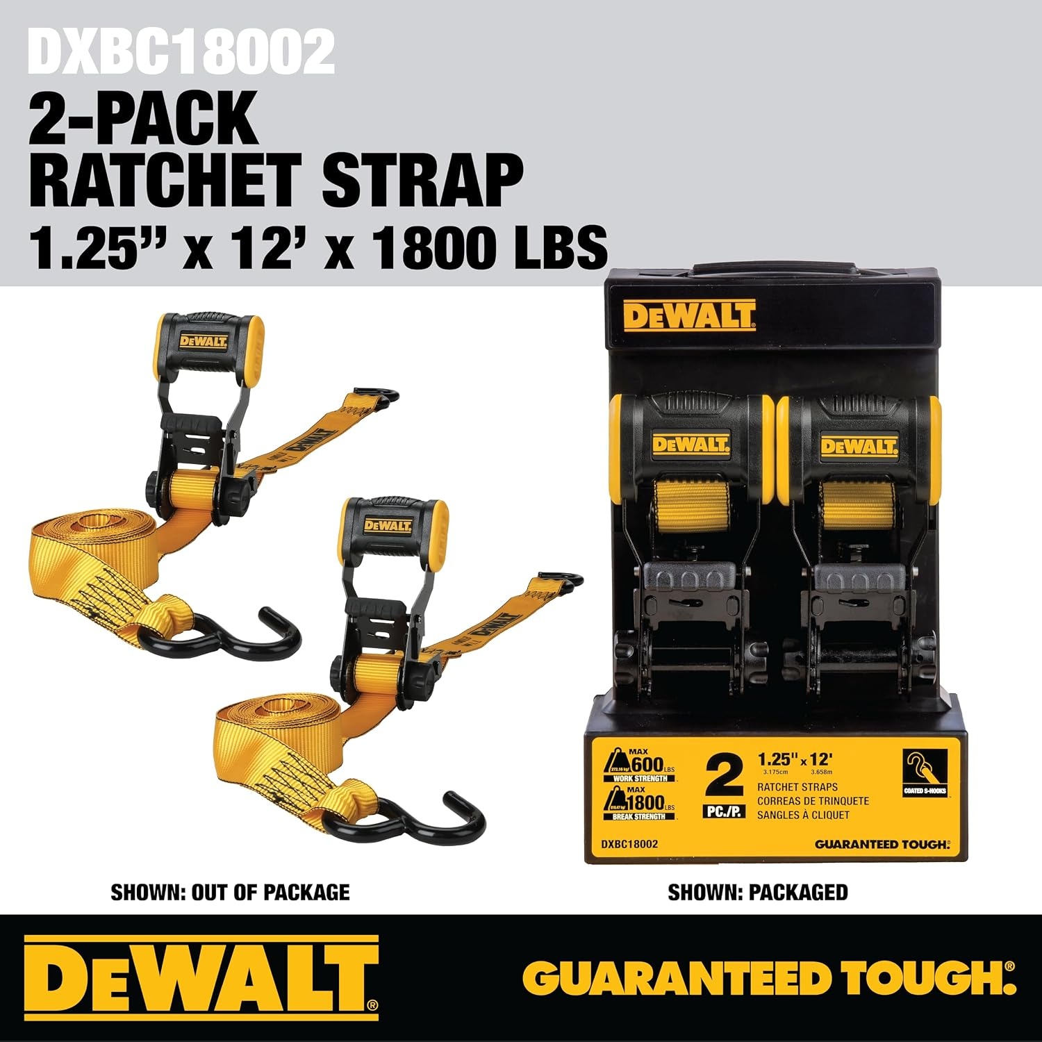 image:imageDEWALT 15165000 lbs HeavyDuty Ratchet Straps 2Pack Ergonomic Open Grip Handles Armored Side Caps WearWeatherResistant Straps Coated Double JHooksSecure Heavyweight Cargo2 Pack