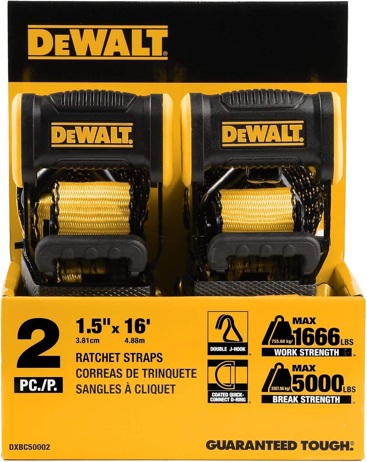 image:imageDEWALT 15165000 lbs HeavyDuty Ratchet Straps 2Pack Ergonomic Open Grip Handles Armored Side Caps WearWeatherResistant Straps Coated Double JHooksSecure Heavyweight CargoHeavy Cargo Hauling 2 Pack