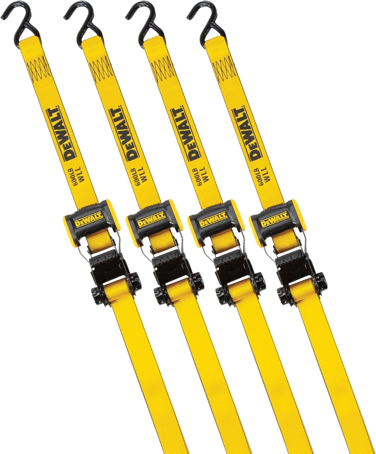 image:imageDEWALT 15165000 lbs HeavyDuty Ratchet Straps 2Pack Ergonomic Open Grip Handles Armored Side Caps WearWeatherResistant Straps Coated Double JHooksSecure Heavyweight Cargo4 Pack