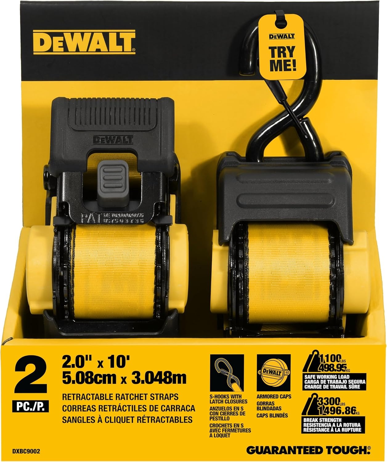 image:imageDEWALT 2103300 lbs HeavyDuty Retractable Ratchet Straps 2Pack Highly WeatherResistantProprietaryLubricated StainlessSteel SpringFully Armored RatchetBody CoverCoated ClipEnd HooksRatchet Straps