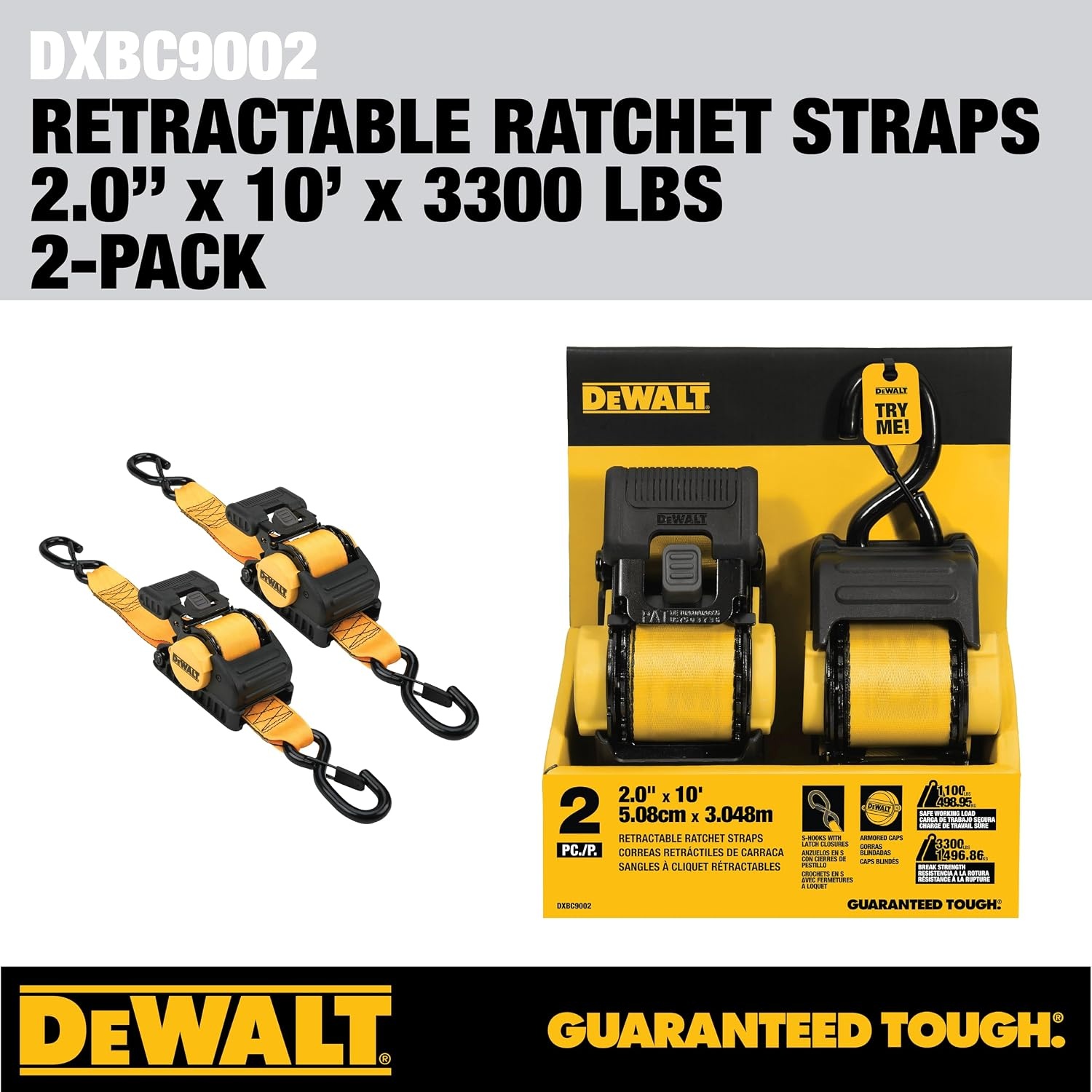 image:imageDEWALT 2103300 lbs HeavyDuty Retractable Ratchet Straps 2Pack Highly WeatherResistantProprietaryLubricated StainlessSteel SpringFully Armored RatchetBody CoverCoated ClipEnd HooksRatchet Straps