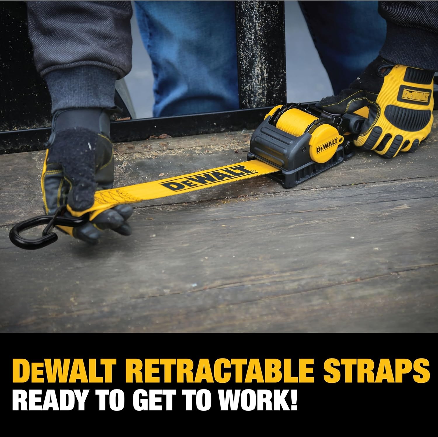image:imageDEWALT 2103300 lbs HeavyDuty Retractable Ratchet Straps 2Pack Highly WeatherResistantProprietaryLubricated StainlessSteel SpringFully Armored RatchetBody CoverCoated ClipEnd HooksRatchet Straps