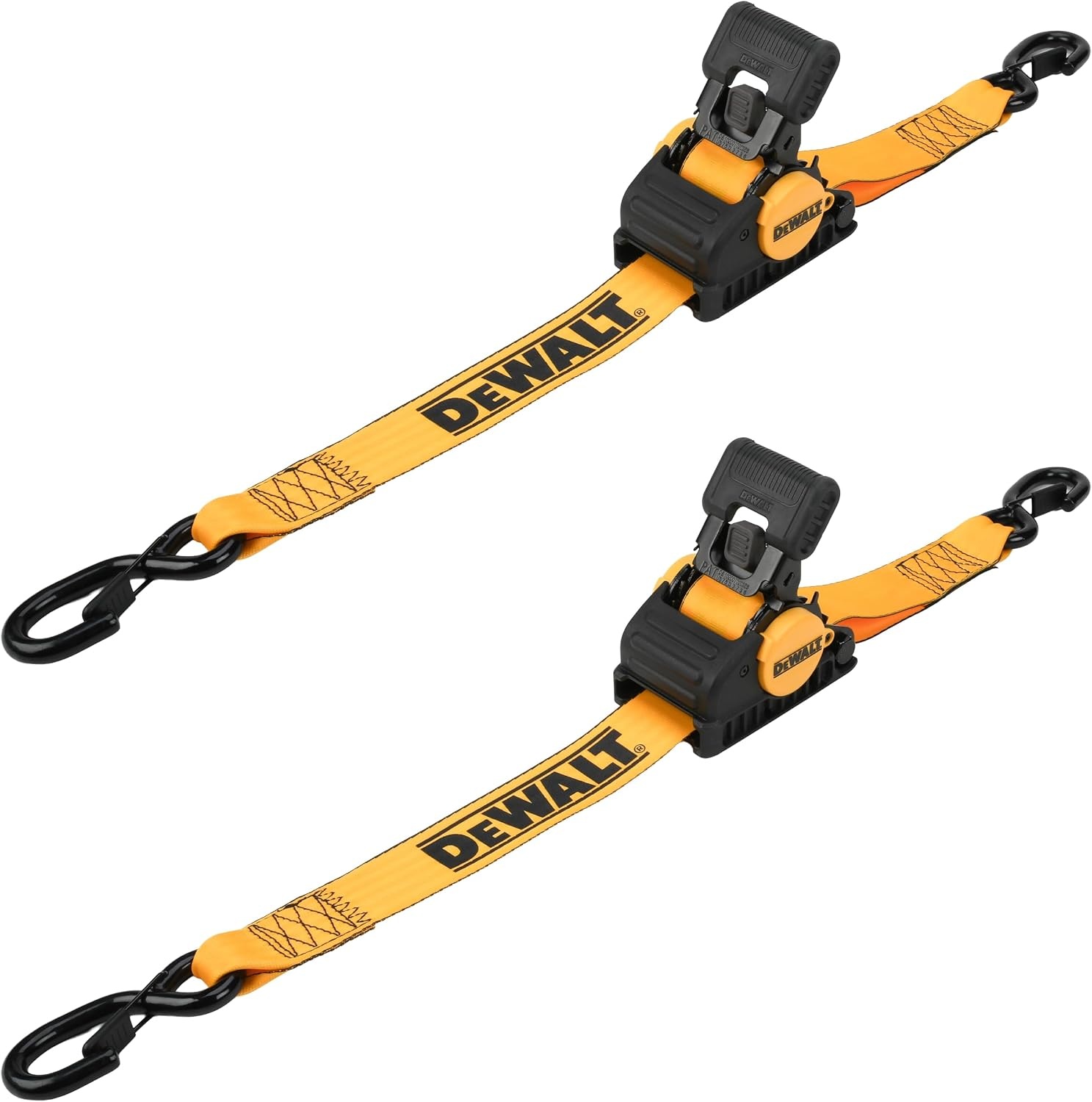 image:imageDEWALT 2103300 lbs HeavyDuty Retractable Ratchet Straps 2Pack Highly WeatherResistantProprietaryLubricated StainlessSteel SpringFully Armored RatchetBody CoverCoated ClipEnd HooksRatchet Straps