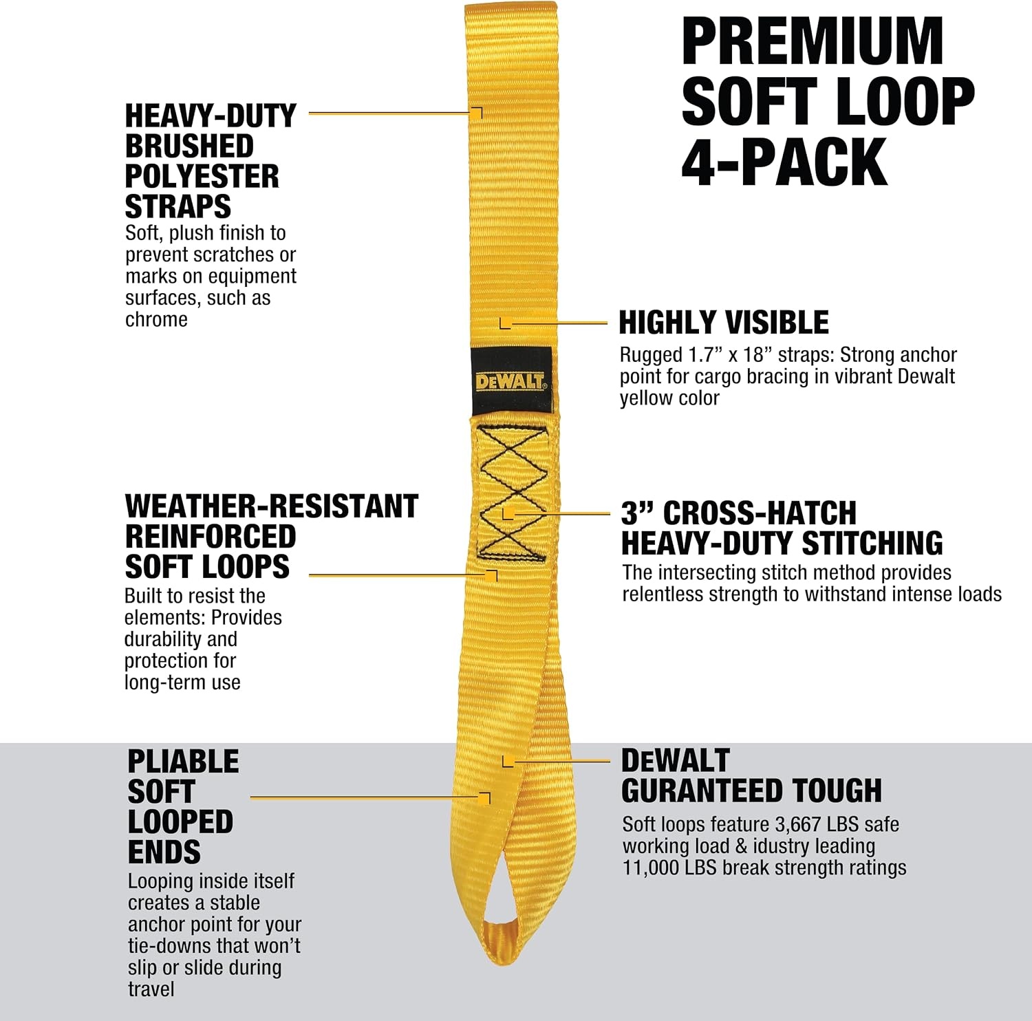 image:imageDEWALT 2103300 lbs HeavyDuty Retractable Ratchet Straps 2Pack Highly WeatherResistantProprietaryLubricated StainlessSteel SpringFully Armored RatchetBody CoverCoated ClipEnd HooksRatchet Straps and Soft Loop Kit