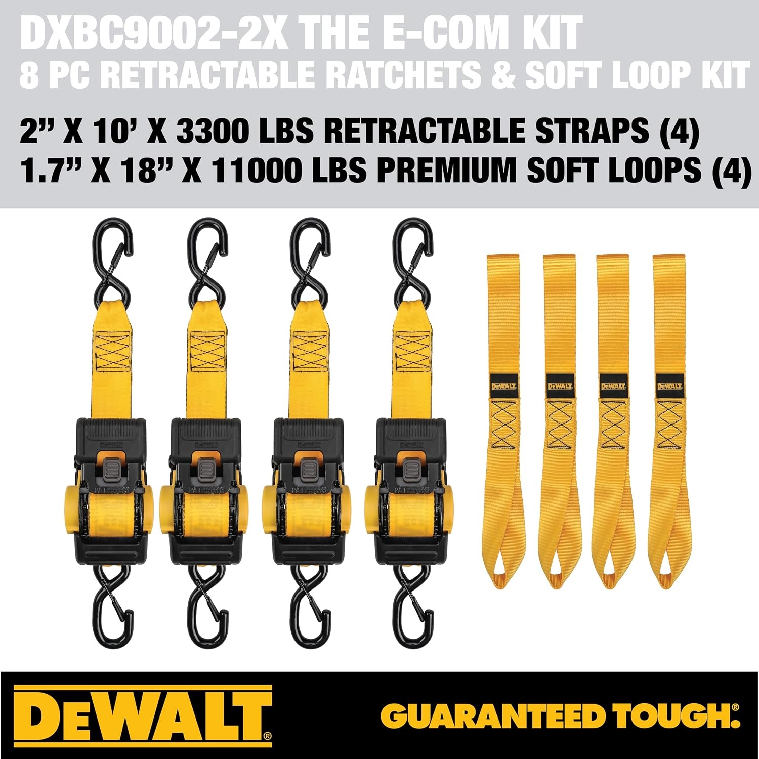 image:imageDEWALT 2103300 lbs HeavyDuty Retractable Ratchet Straps 2Pack Highly WeatherResistantProprietaryLubricated StainlessSteel SpringFully Armored RatchetBody CoverCoated ClipEnd HooksRatchet Straps and Soft Loop Kit