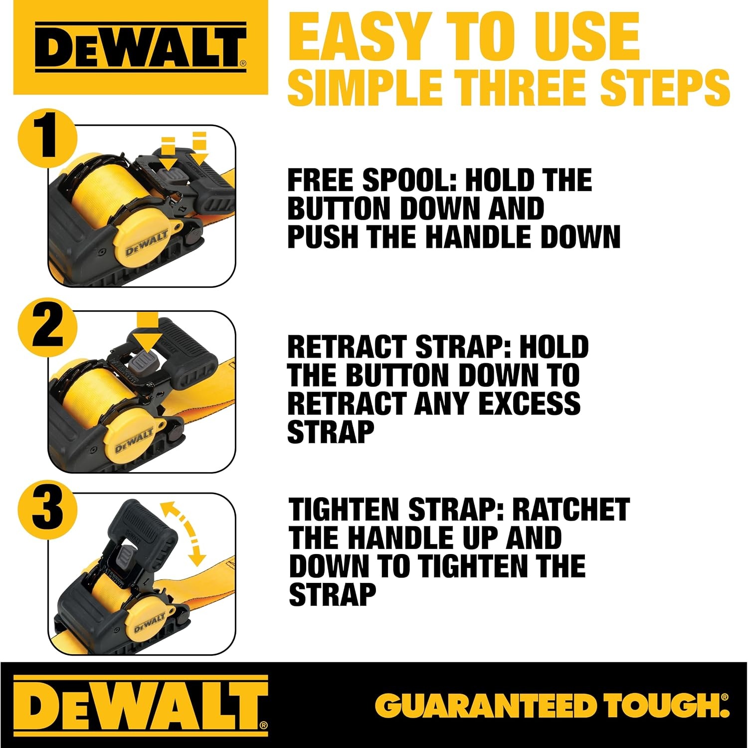 image:imageDEWALT 2103300 lbs HeavyDuty Retractable Ratchet Straps 2Pack Highly WeatherResistantProprietaryLubricated StainlessSteel SpringFully Armored RatchetBody CoverCoated ClipEnd HooksRatchet Straps