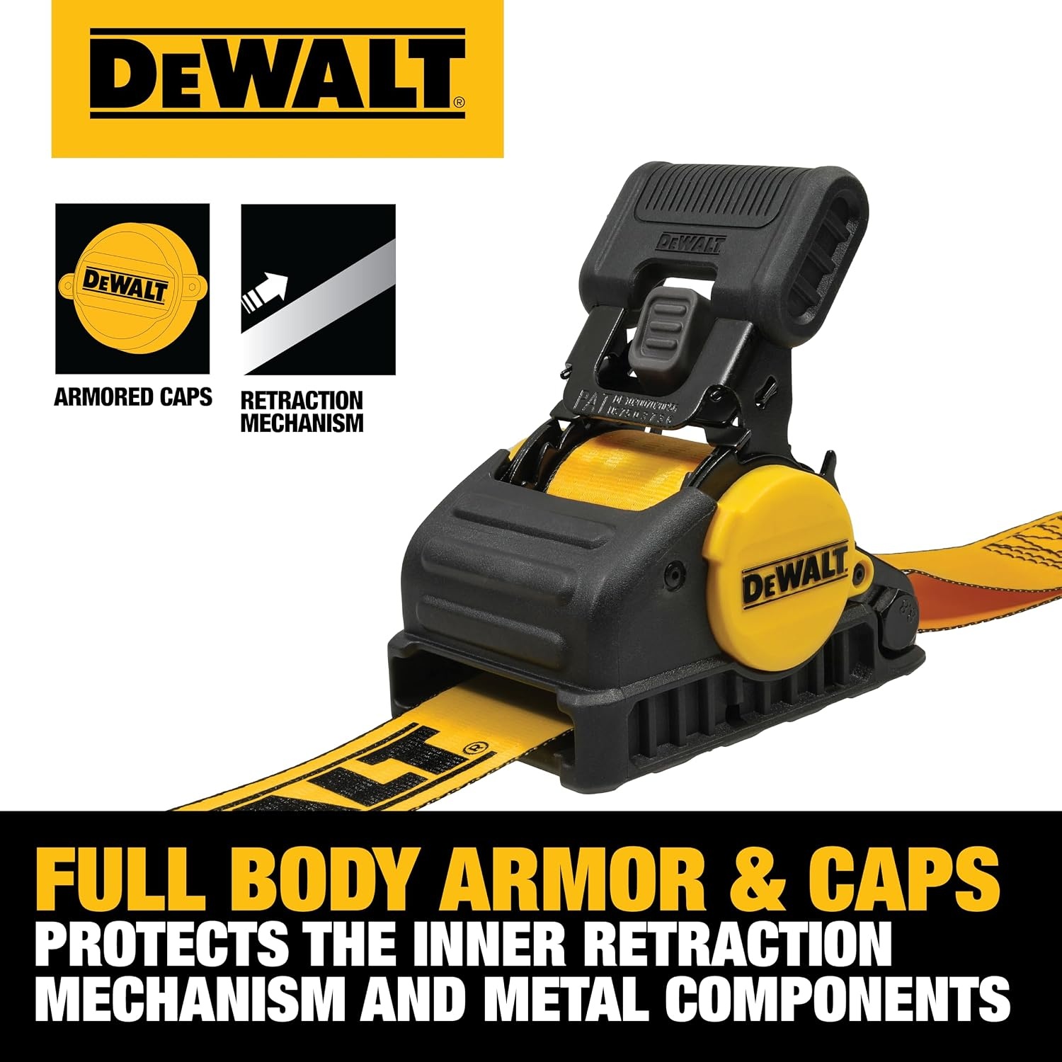 image:imageDEWALT 2103300 lbs HeavyDuty Retractable Ratchet Straps 2Pack Highly WeatherResistantProprietaryLubricated StainlessSteel SpringFully Armored RatchetBody CoverCoated ClipEnd HooksRatchet Straps and Soft Loop Kit