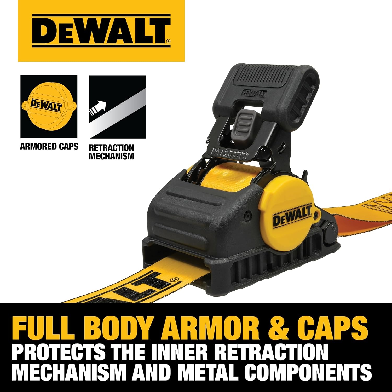 image:imageDEWALT 2103300 lbs HeavyDuty Retractable Ratchet Straps 2Pack Highly WeatherResistantProprietaryLubricated StainlessSteel SpringFully Armored RatchetBody CoverCoated ClipEnd HooksRatchet Straps