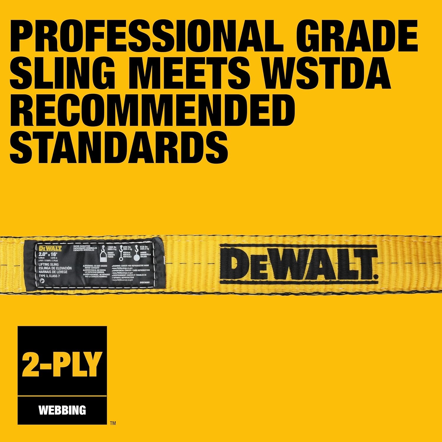 image:imageDEWALT 212 1Ply Type 3 Class 7 HeavyDuty Lifting Sling 2Pack 6400 lbs Basket 3200 lbs Vertical 2560 lbs Choker Capacity Meets WSTDA Standards for Lifting Rigging Construction2 Pack