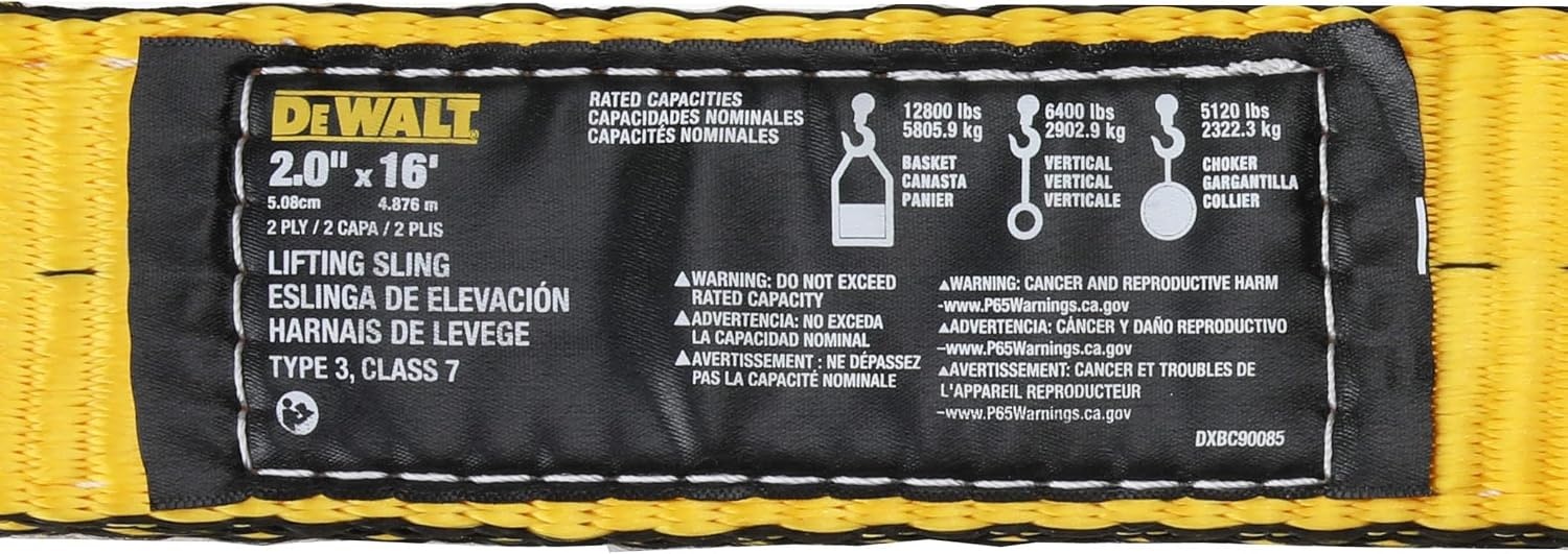 image:imageDEWALT 212 1Ply Type 3 Class 7 HeavyDuty Lifting Sling 2Pack 6400 lbs Basket 3200 lbs Vertical 2560 lbs Choker Capacity Meets WSTDA Standards for Lifting Rigging ConstructionSingle