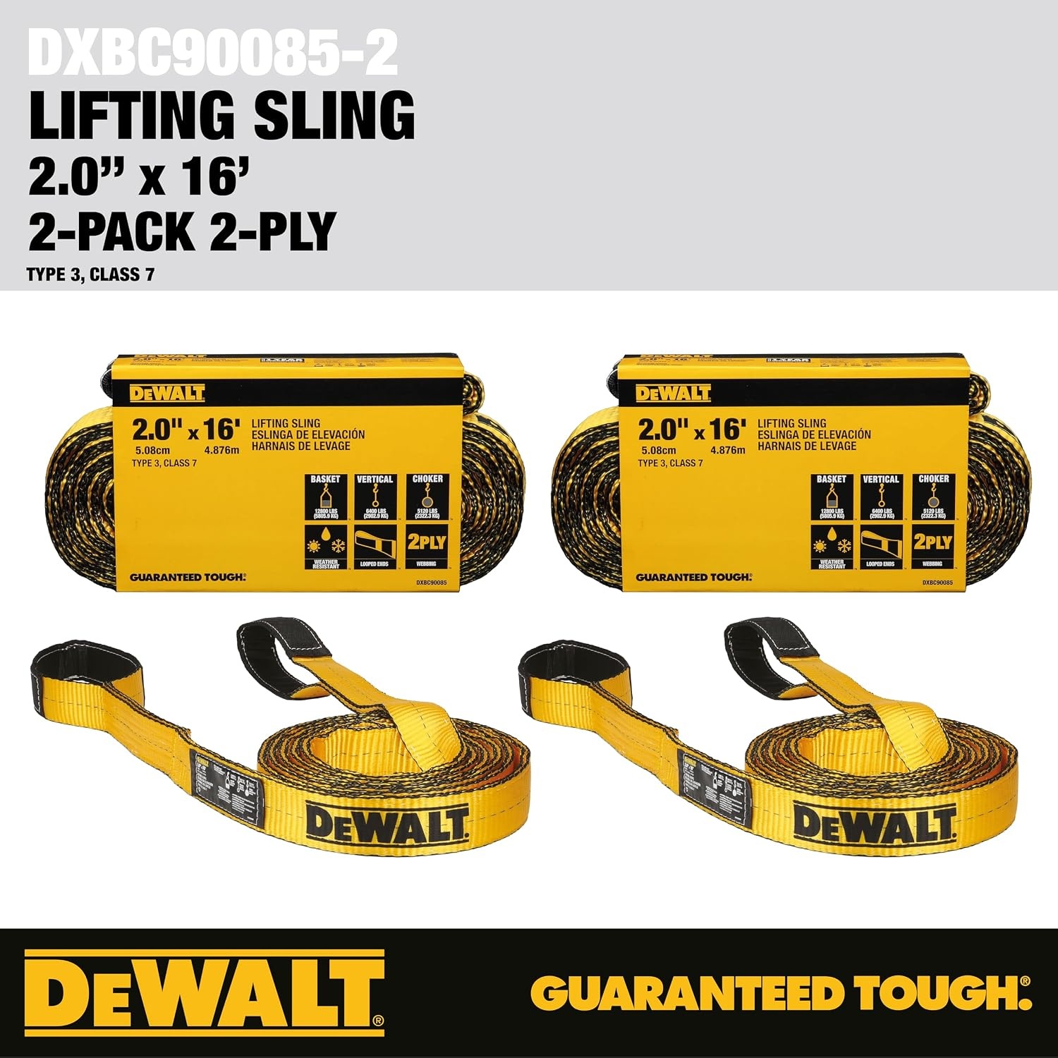 image:imageDEWALT 212 1Ply Type 3 Class 7 HeavyDuty Lifting Sling 2Pack 6400 lbs Basket 3200 lbs Vertical 2560 lbs Choker Capacity Meets WSTDA Standards for Lifting Rigging Construction2 Pack