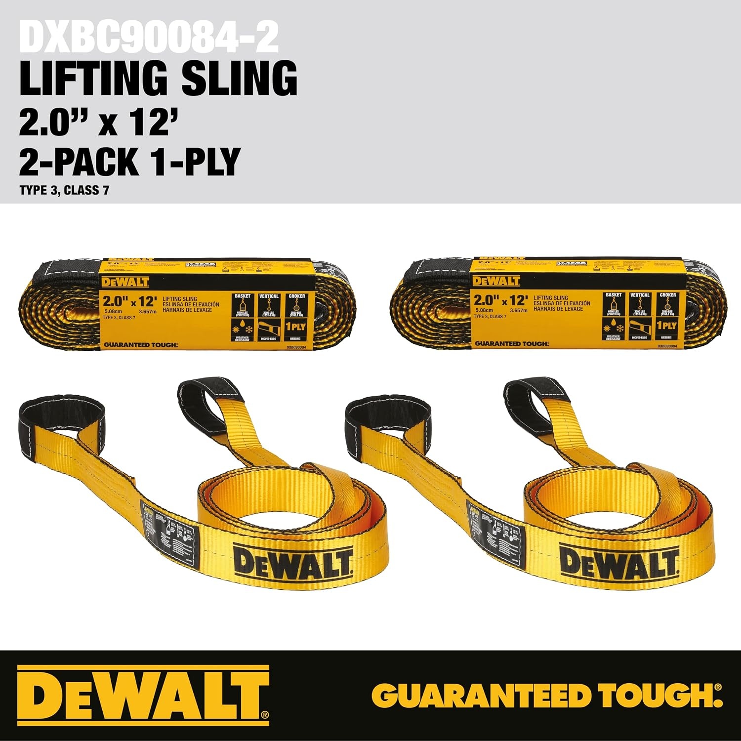 image:imageDEWALT 212 1Ply Type 3 Class 7 HeavyDuty Lifting Sling 2Pack 6400 lbs Basket 3200 lbs Vertical 2560 lbs Choker Capacity Meets WSTDA Standards for Lifting Rigging Construction2 Pack