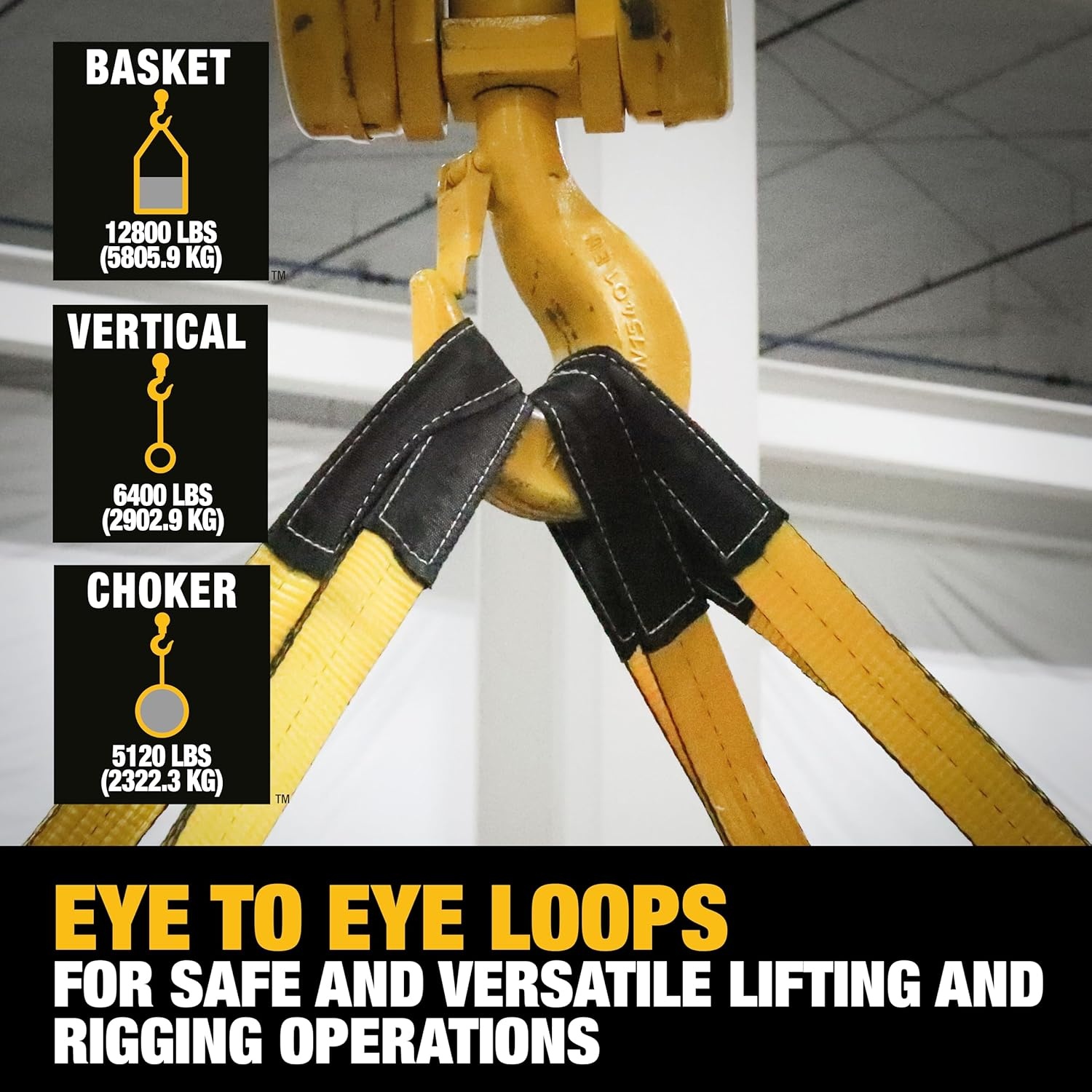 image:imageDEWALT 212 1Ply Type 3 Class 7 HeavyDuty Lifting Sling 2Pack 6400 lbs Basket 3200 lbs Vertical 2560 lbs Choker Capacity Meets WSTDA Standards for Lifting Rigging Construction2 Pack