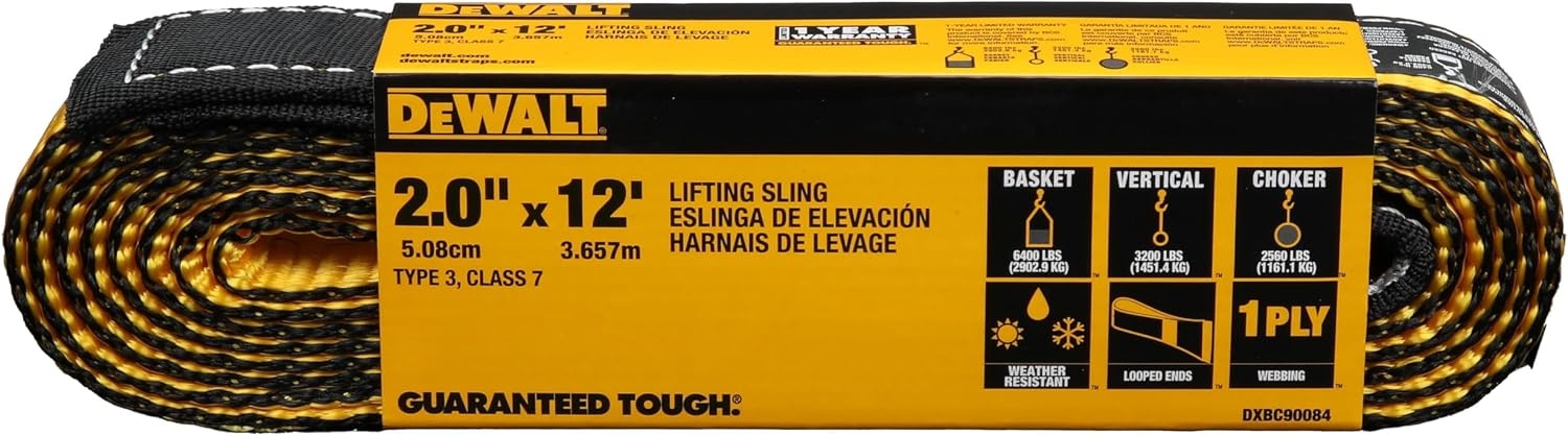 image:imageDEWALT 212 1Ply Type 3 Class 7 HeavyDuty Lifting Sling 2Pack 6400 lbs Basket 3200 lbs Vertical 2560 lbs Choker Capacity Meets WSTDA Standards for Lifting Rigging ConstructionSingle