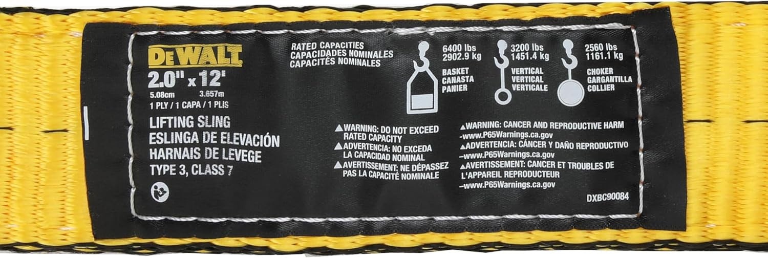 image:imageDEWALT 212 1Ply Type 3 Class 7 HeavyDuty Lifting Sling 2Pack 6400 lbs Basket 3200 lbs Vertical 2560 lbs Choker Capacity Meets WSTDA Standards for Lifting Rigging Construction2 Pack
