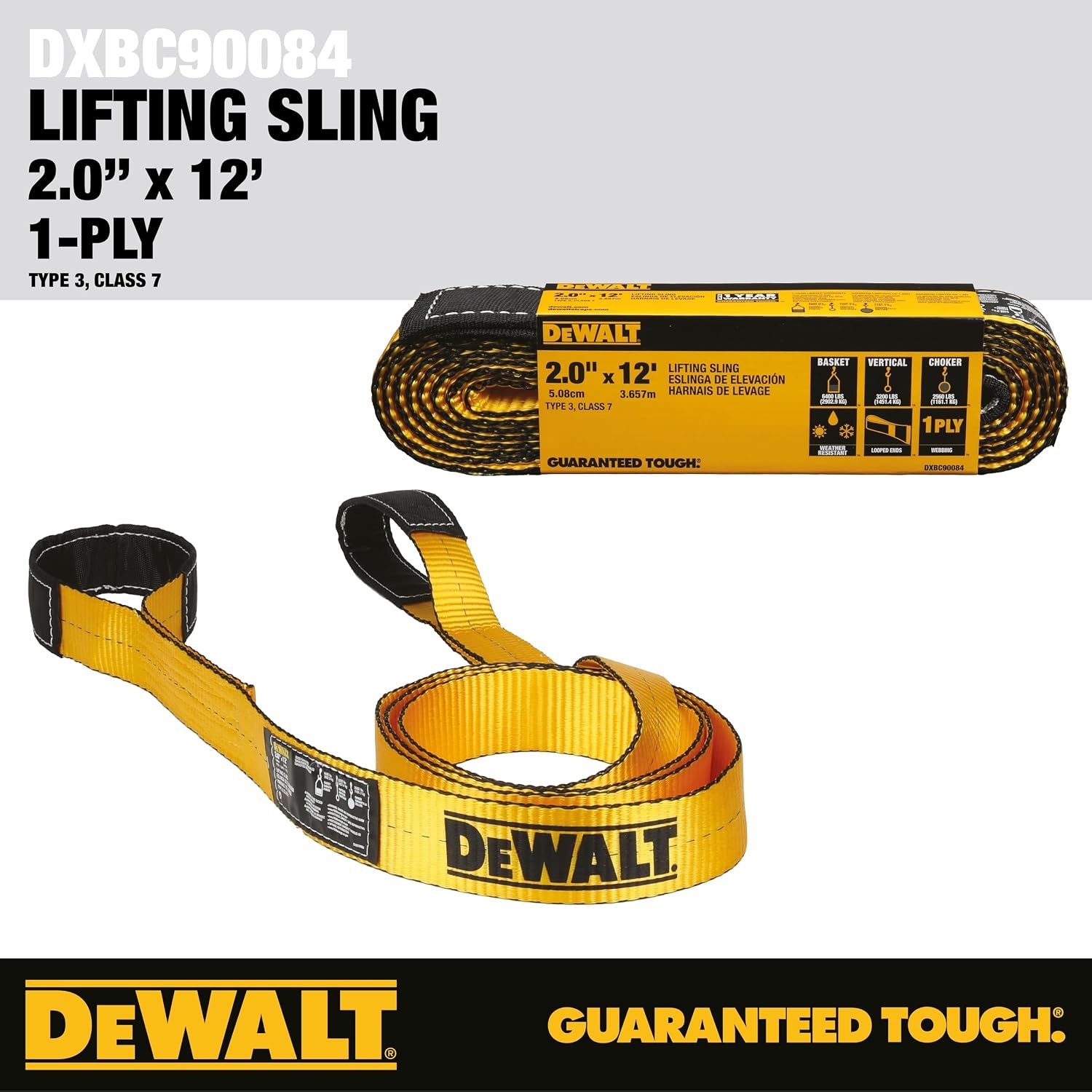 image:imageDEWALT 212 1Ply Type 3 Class 7 HeavyDuty Lifting Sling 2Pack 6400 lbs Basket 3200 lbs Vertical 2560 lbs Choker Capacity Meets WSTDA Standards for Lifting Rigging ConstructionSingle