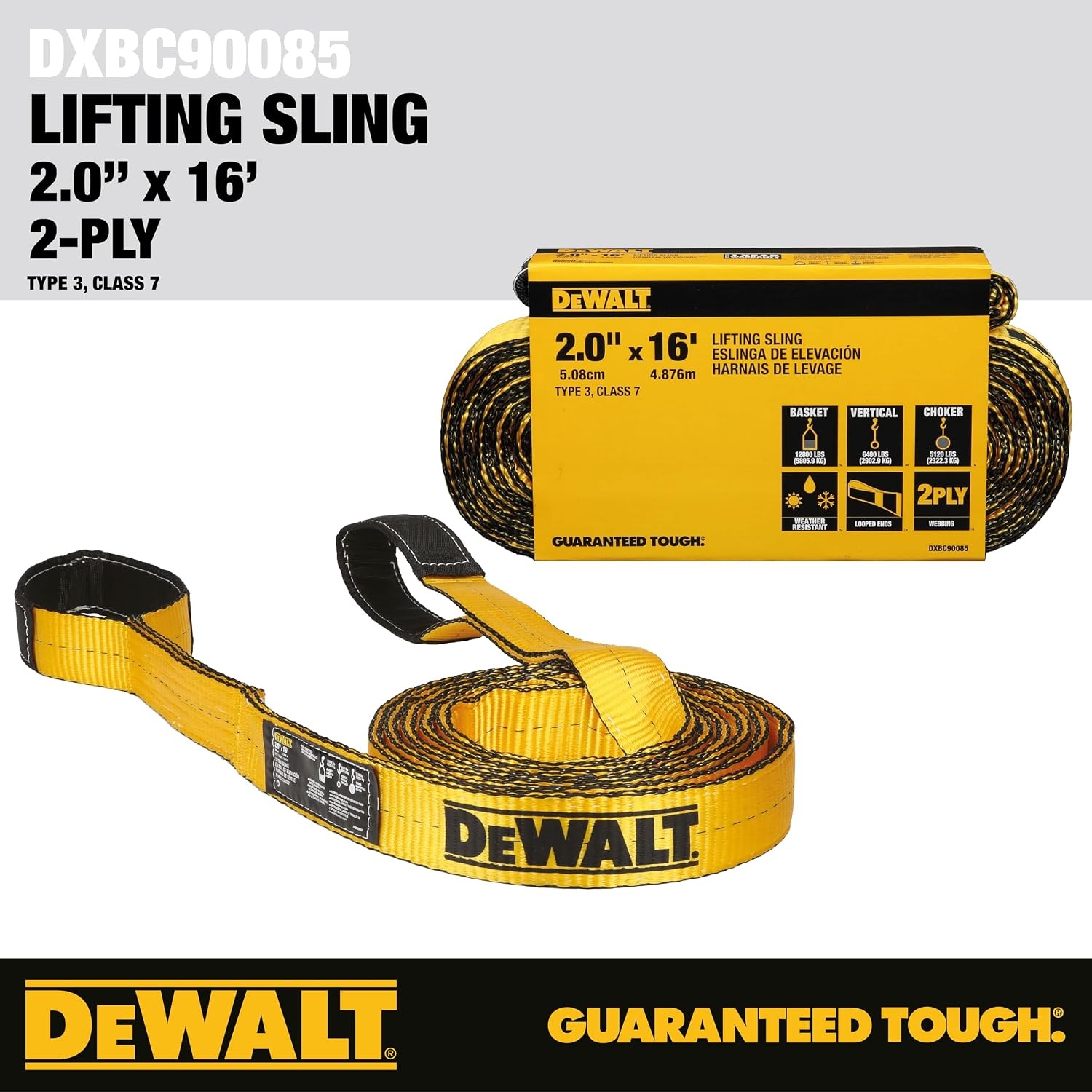 image:imageDEWALT 212 1Ply Type 3 Class 7 HeavyDuty Lifting Sling 2Pack 6400 lbs Basket 3200 lbs Vertical 2560 lbs Choker Capacity Meets WSTDA Standards for Lifting Rigging ConstructionSingle