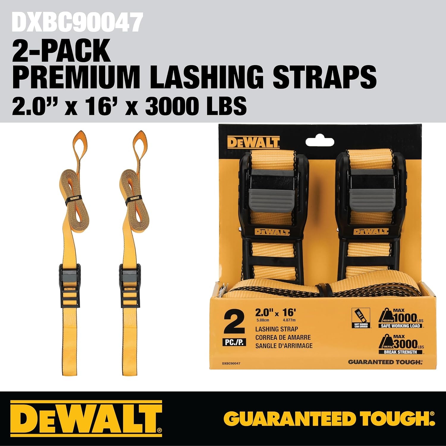 image:imageDEWALT 2163000 lbs MidDuty Lashing Straps 2Pack HeavyGauge Steel Frame Armored Rubber Cam Shroud Weather amp Wear Resistant Straps For Quick Bundling of Midweight Cargo2 x 16