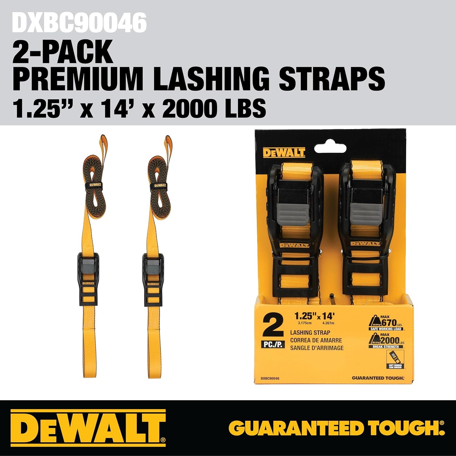 image:imageDEWALT 2163000 lbs MidDuty Lashing Straps 2Pack HeavyGauge Steel Frame Armored Rubber Cam Shroud Weather amp Wear Resistant Straps For Quick Bundling of Midweight Cargo125 x 14