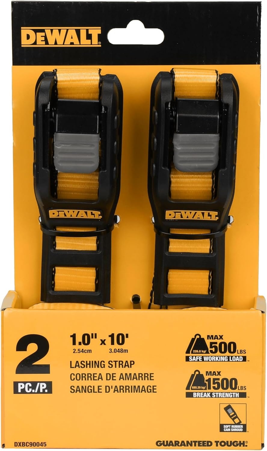 image:imageDEWALT 2163000 lbs MidDuty Lashing Straps 2Pack HeavyGauge Steel Frame Armored Rubber Cam Shroud Weather amp Wear Resistant Straps For Quick Bundling of Midweight Cargo1 x 10