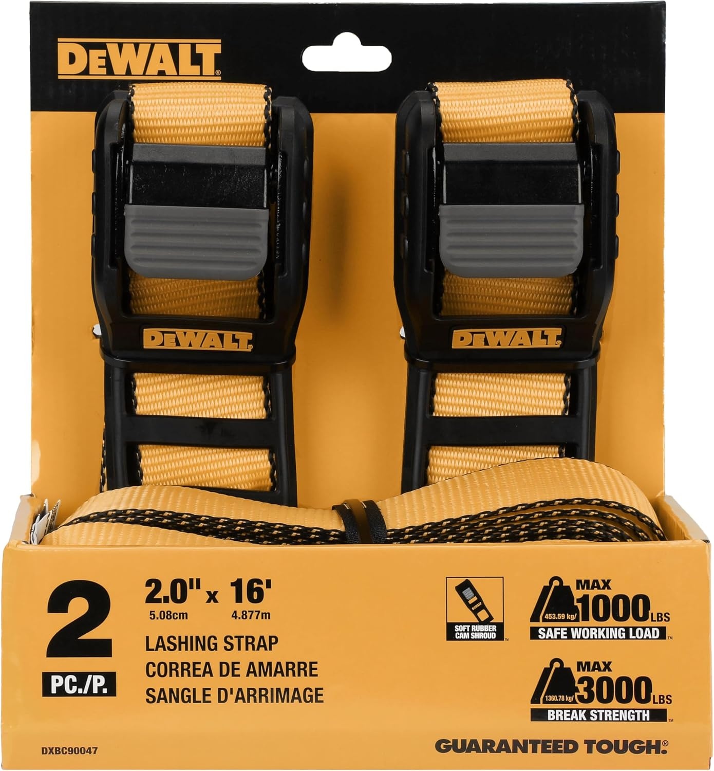 image:imageDEWALT 2163000 lbs MidDuty Lashing Straps 2Pack HeavyGauge Steel Frame Armored Rubber Cam Shroud Weather amp Wear Resistant Straps For Quick Bundling of Midweight Cargo2 x 16