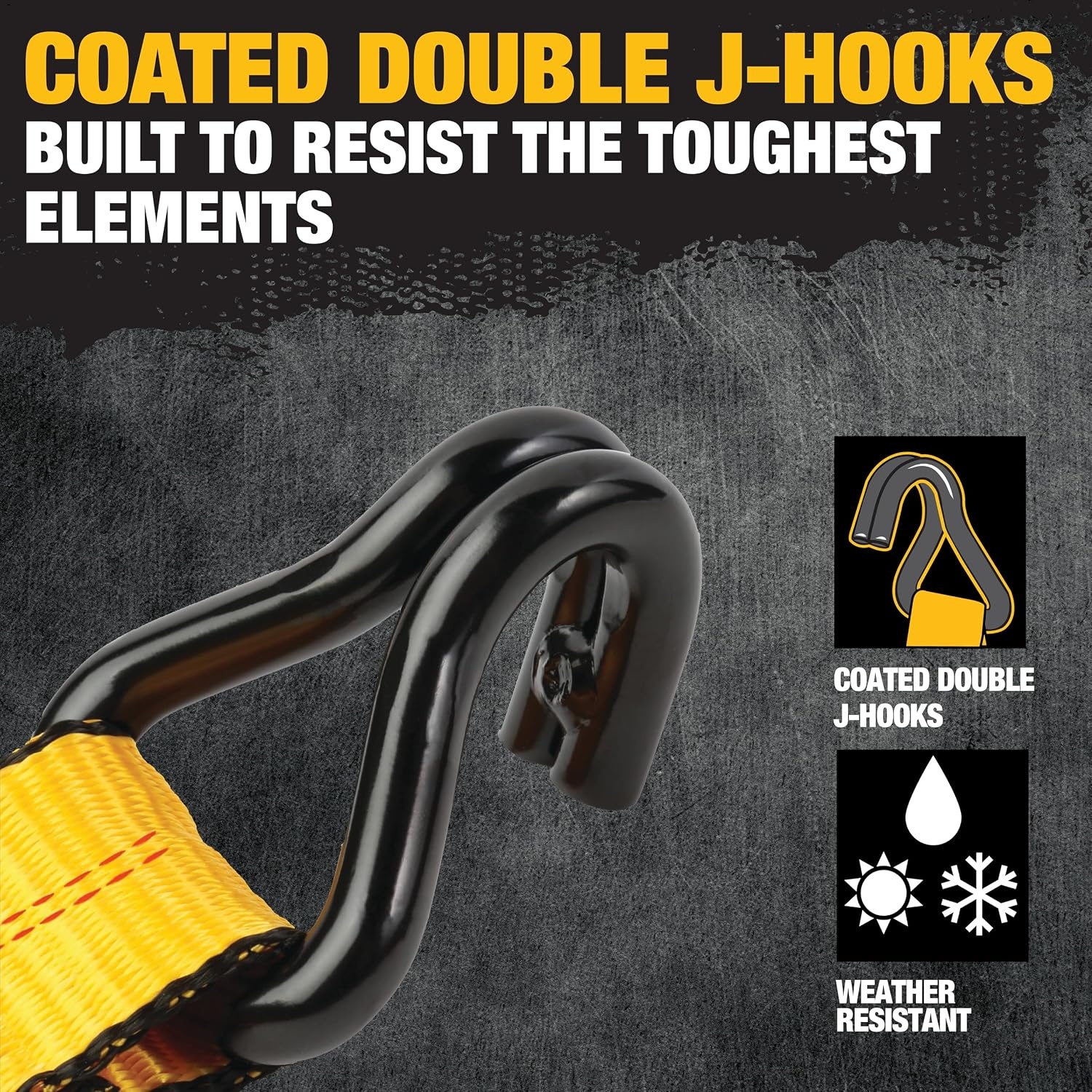 image:imageDEWALT 22710000 lbs Industrial Ratchet Straps with Double JHooks WideGrip Ergonomic Handle Armored Side Caps DOT WSTDA WeatherResistant Straps Double JHooks for Industrial Cargo