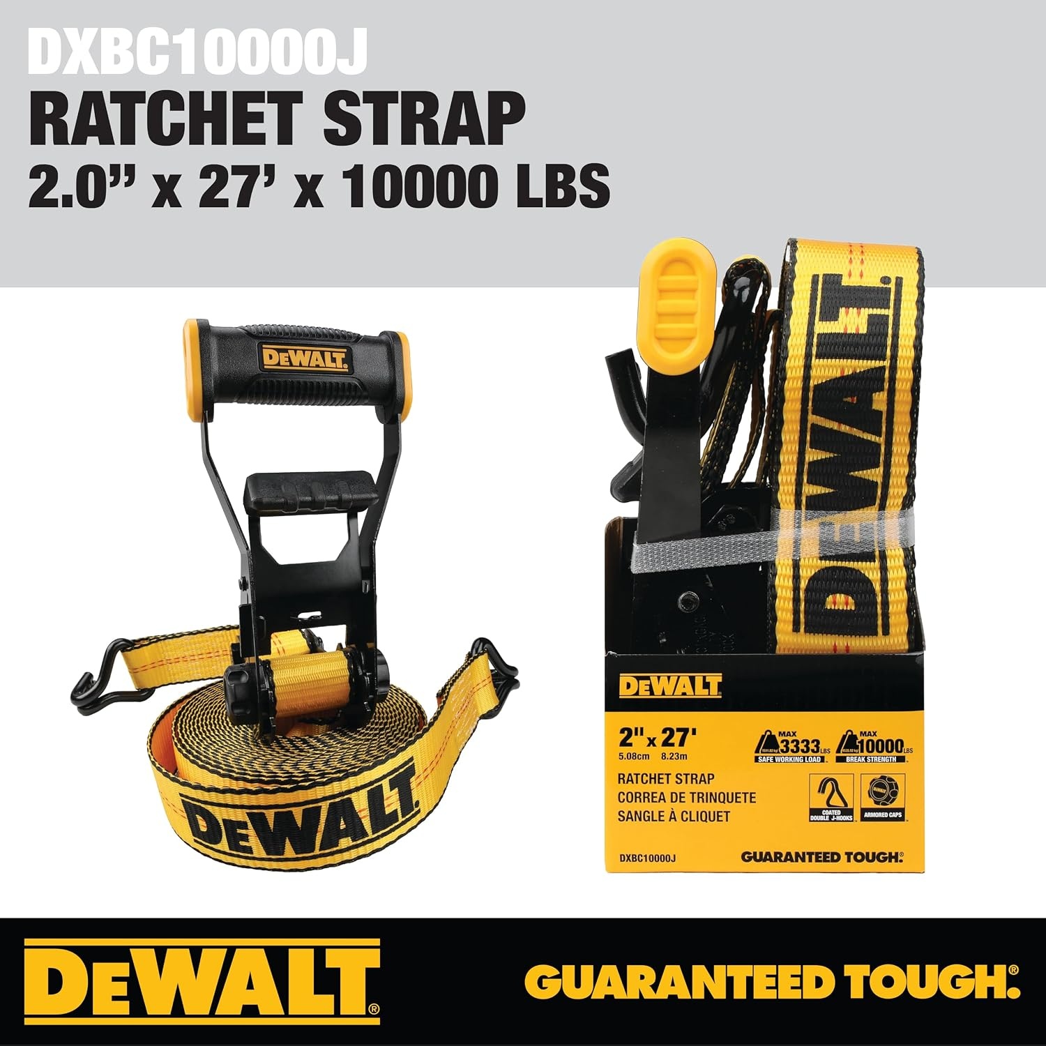 image:imageDEWALT 22710000 lbs Industrial Ratchet Straps with Double JHooks WideGrip Ergonomic Handle Armored Side Caps DOT WSTDA WeatherResistant Straps Double JHooks for Industrial Cargo