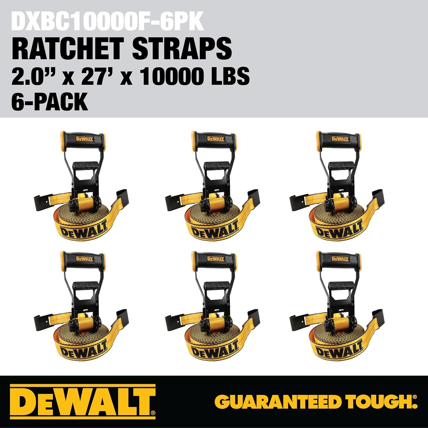 image:imageDEWALT 22710000 lbs Ratchet Straps with Flat Hooks 6Pack WideGrip Ergonomic Handle Armored Side Caps DOT WSTDA WeatherResistant Straps Flat Hooks for Industrial Cargo Flatbed