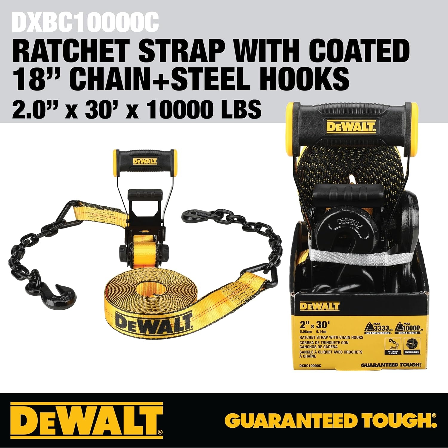 image:imageDEWALT 23010000 lbs Ratchet Strap with 18 Chain amp Steel Hooks WideGrip Ergonomic Handle Armored Side Caps DOT WSTDA WeatherResistant Straps 18 Chains Hooks for Industrial Cargo