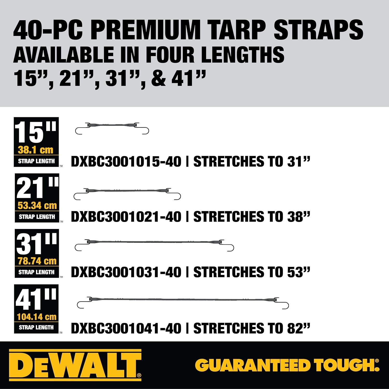 image:imageDEWALT 31 Natural Rubber Tarp Straps with Coated SHooks 40 Pack Flexible Rubber for Weather and Temp Resistance Coated SHooks Use for Temporary LightDuty JobsTarps amp Daily Hauls15