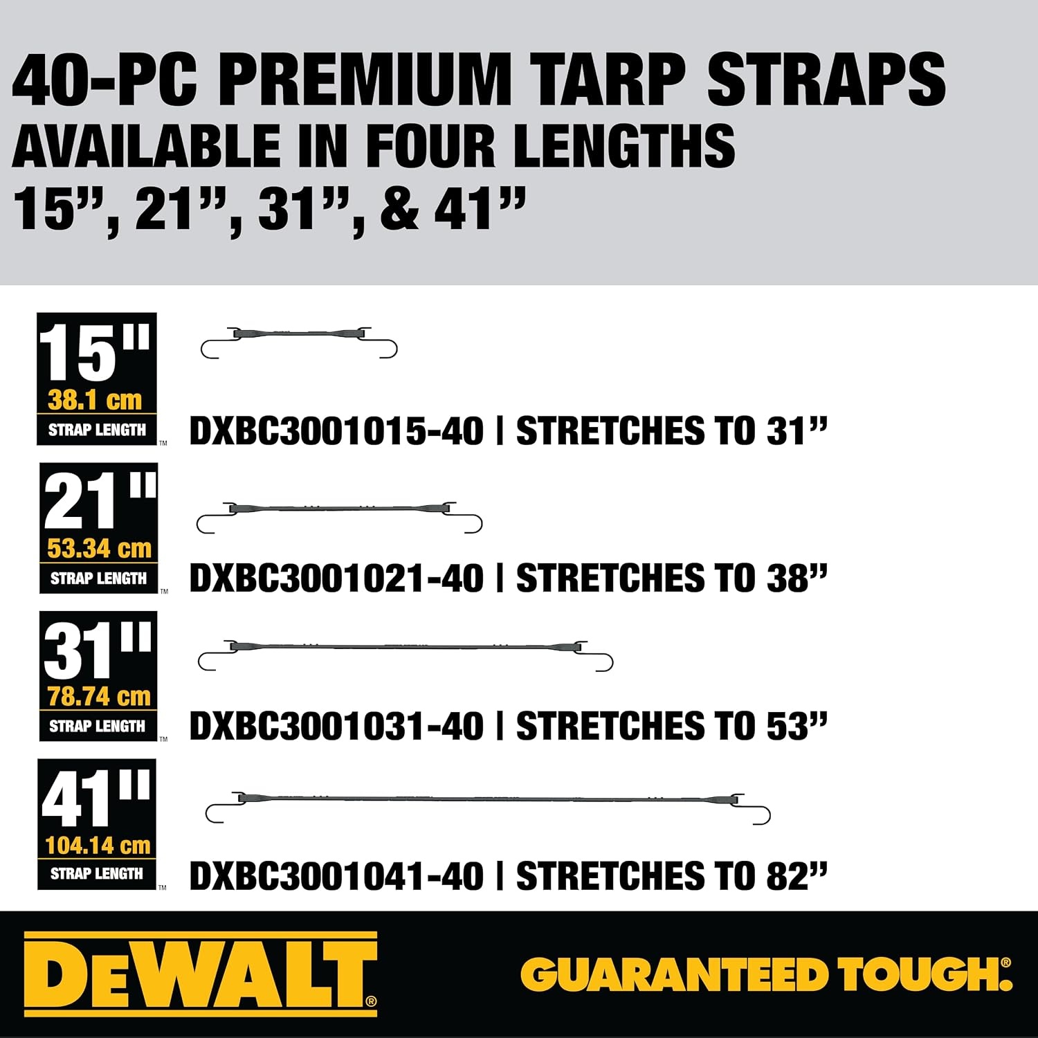 image:imageDEWALT 31 Natural Rubber Tarp Straps with Coated SHooks 40 Pack Flexible Rubber for Weather and Temp Resistance Coated SHooks Use for Temporary LightDuty JobsTarps amp Daily Hauls31