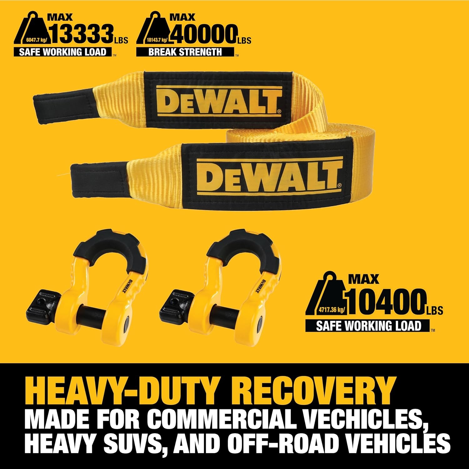 image:imageDEWALT 3452 Tons Safe Work Rating Bow Shackles 2Pack Tough Powder and Zinc Coated Forged Steel Shackle Bodies and Pins HeavyDuty Isolators Tow amp Recovery Winching amp LiftingBow Shackles and Tow Strap Kit