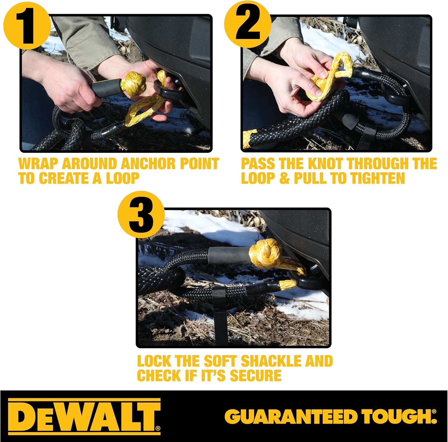 image:imageDEWALT 382432500 lbs HeavyDuty Kinetic Soft Shackle UHMWPE Diamond Knot with SelfTightening Loop Adaptive Design Fits Vehicle Anchor Points UltraStrong for Vehicle RecoveryKinetic Soft Shackles