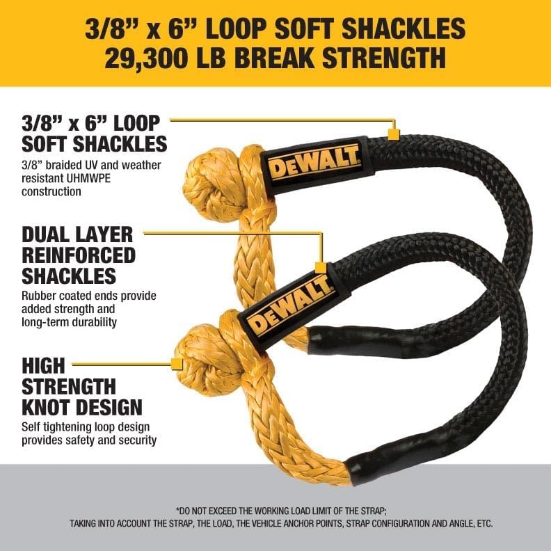 image:imageDEWALT 382432500 lbs HeavyDuty Kinetic Soft Shackle UHMWPE Diamond Knot with SelfTightening Loop Adaptive Design Fits Vehicle Anchor Points UltraStrong for Vehicle RecoveryKinetic Rope Soft Shackles Kit