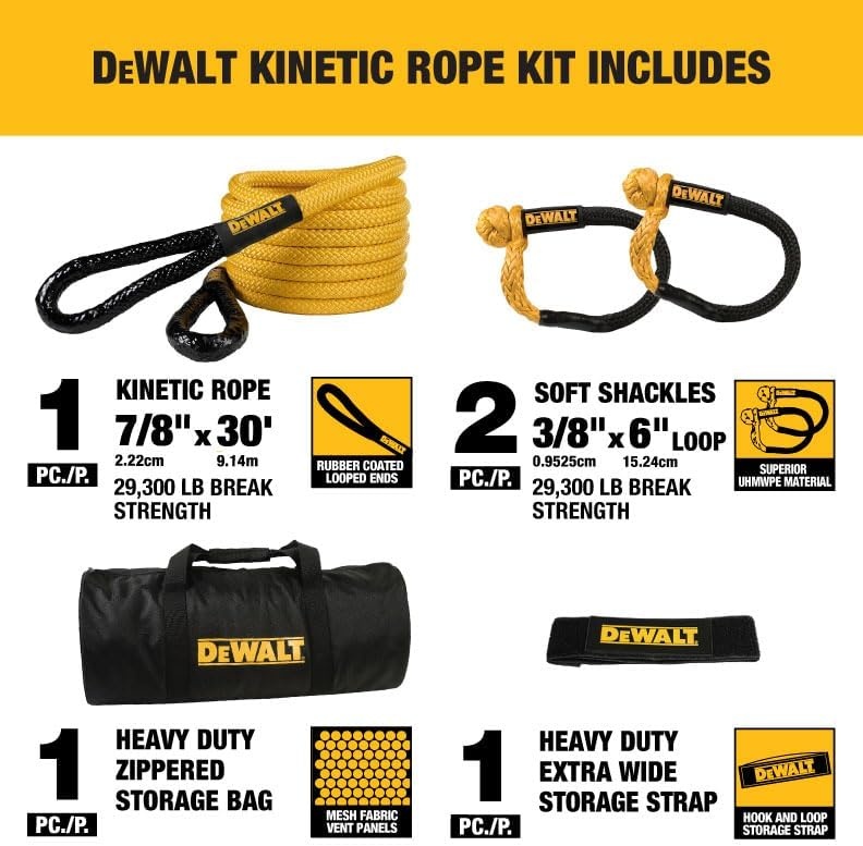 image:imageDEWALT 382432500 lbs HeavyDuty Kinetic Soft Shackle UHMWPE Diamond Knot with SelfTightening Loop Adaptive Design Fits Vehicle Anchor Points UltraStrong for Vehicle RecoveryKinetic Rope Soft Shackles Kit