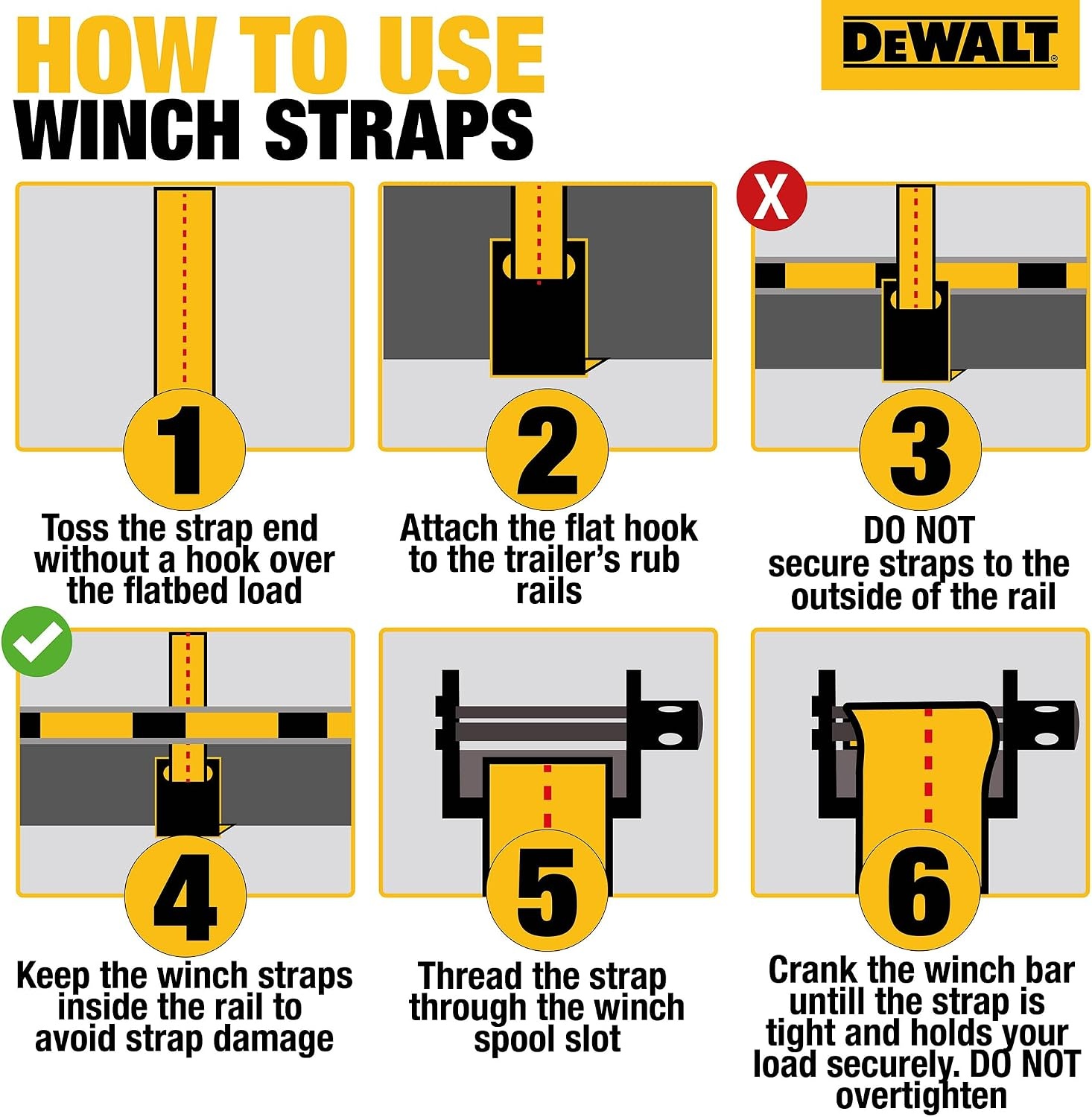 image:imageDEWALT 43016500 lbs CommercialDuty Flatbed Winch Straps 2Pack Meets DOT amp WSTDA Standards Weather amp WearResistant Coated Steel Flat Hooks Fit StakePocket Winches Flatbed Trailering2 Pack