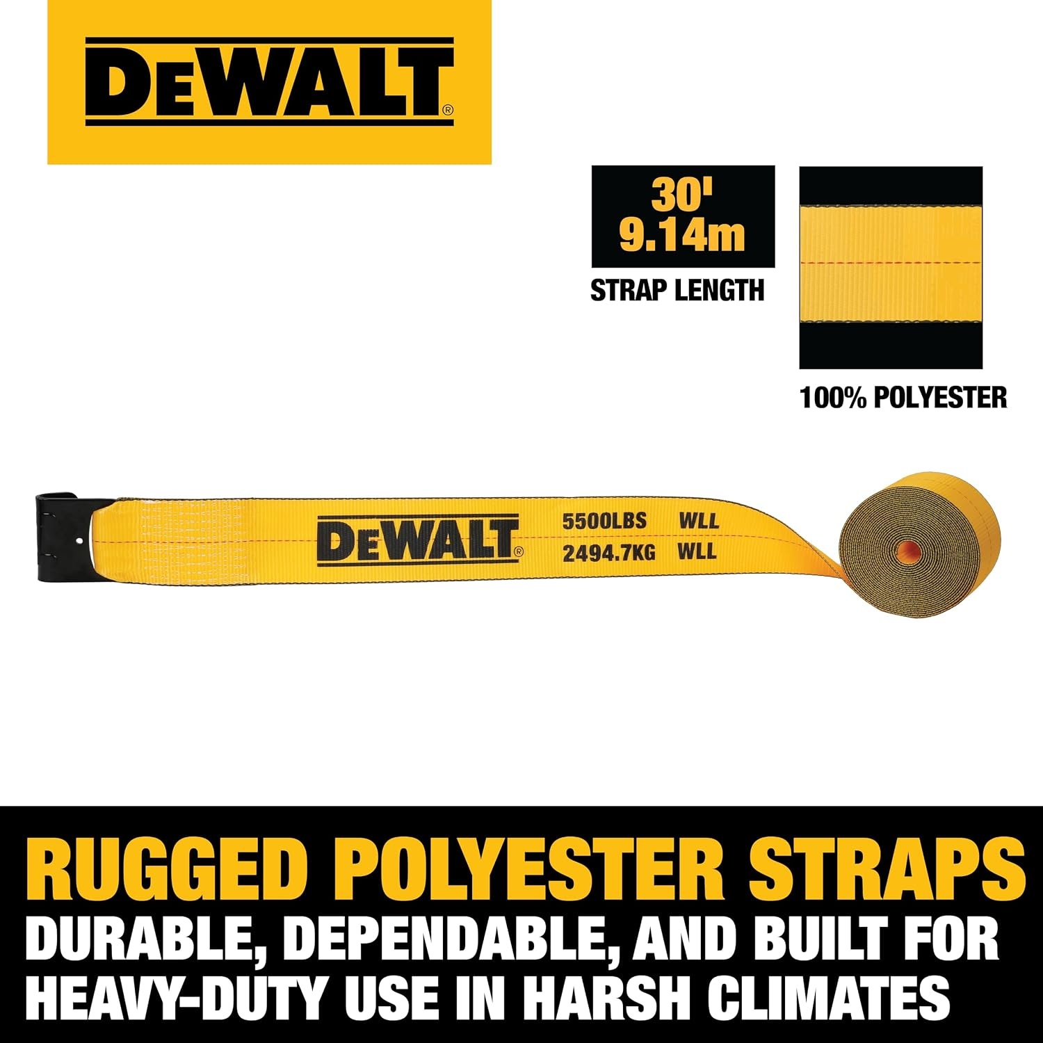 image:imageDEWALT 43016500 lbs CommercialDuty Flatbed Winch Straps 2Pack Meets DOT amp WSTDA Standards Weather amp WearResistant Coated Steel Flat Hooks Fit StakePocket Winches Flatbed TraileringSingle