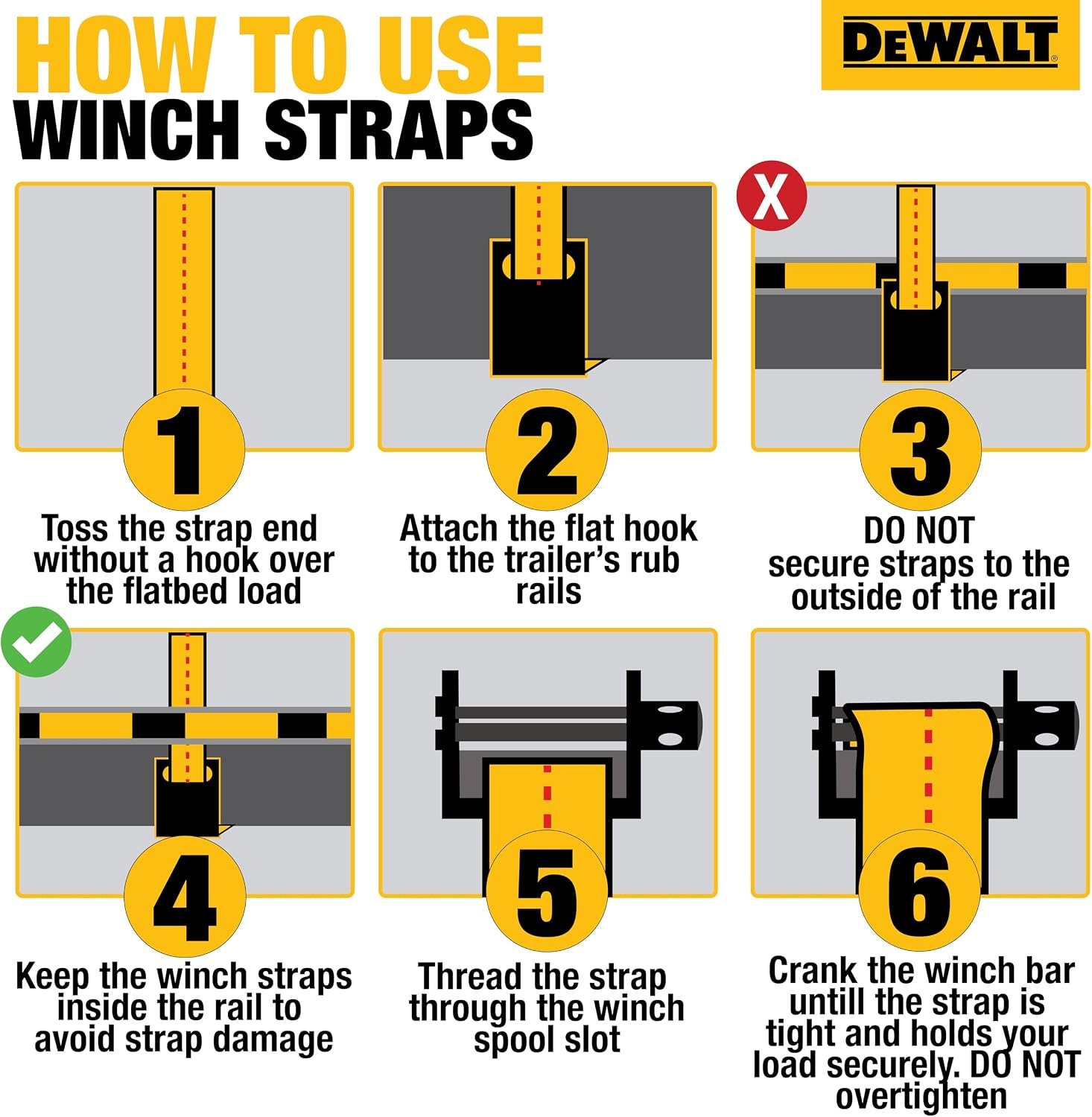 image:imageDEWALT 43016500 lbs CommercialDuty Flatbed Winch Straps 2Pack Meets DOT amp WSTDA Standards Weather amp WearResistant Coated Steel Flat Hooks Fit StakePocket Winches Flatbed TraileringSingle