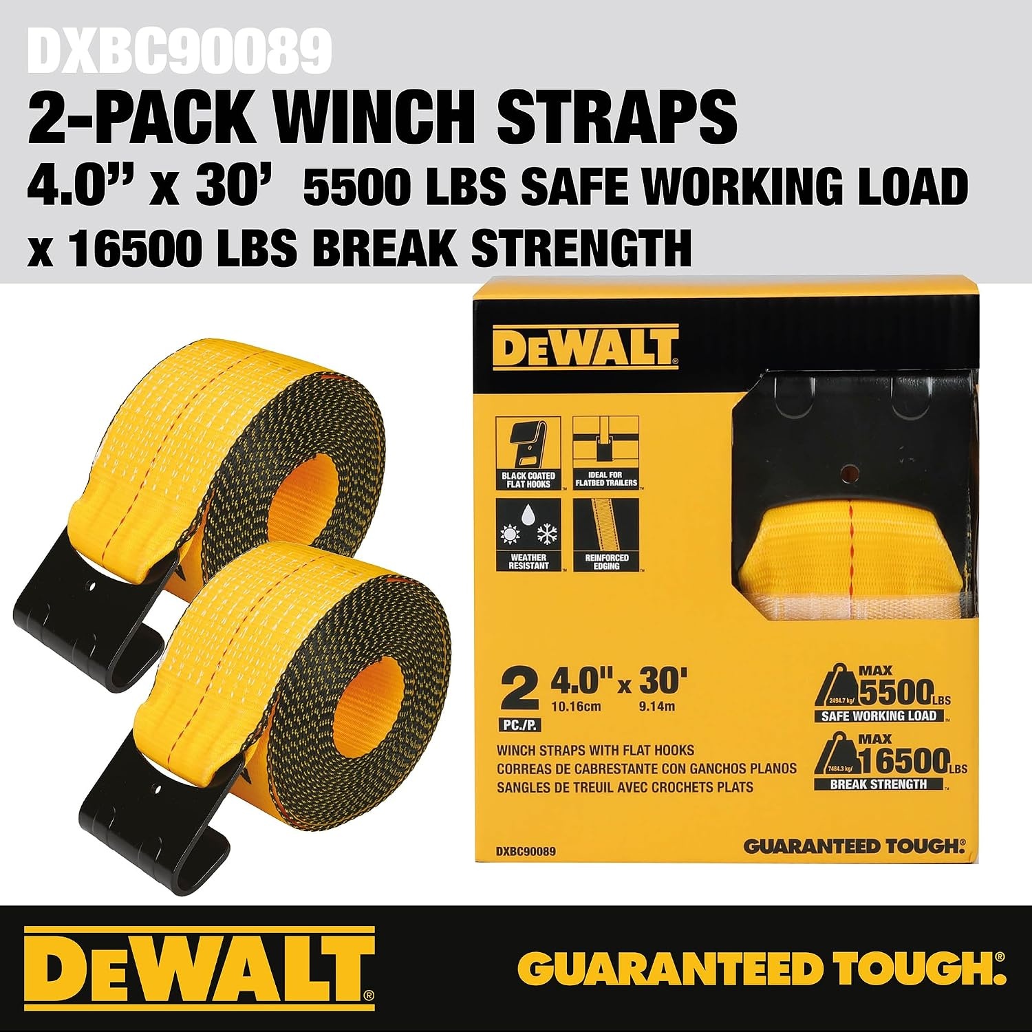 image:imageDEWALT 43016500 lbs CommercialDuty Flatbed Winch Straps 2Pack Meets DOT amp WSTDA Standards Weather amp WearResistant Coated Steel Flat Hooks Fit StakePocket Winches Flatbed Trailering2 Pack