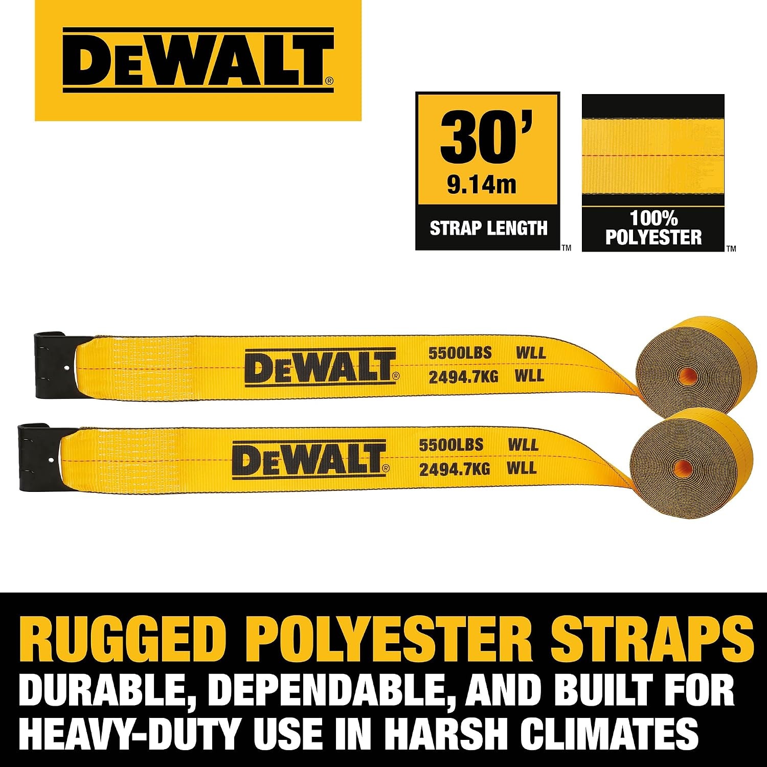 image:imageDEWALT 43016500 lbs CommercialDuty Flatbed Winch Straps 2Pack Meets DOT amp WSTDA Standards Weather amp WearResistant Coated Steel Flat Hooks Fit StakePocket Winches Flatbed Trailering2 Pack