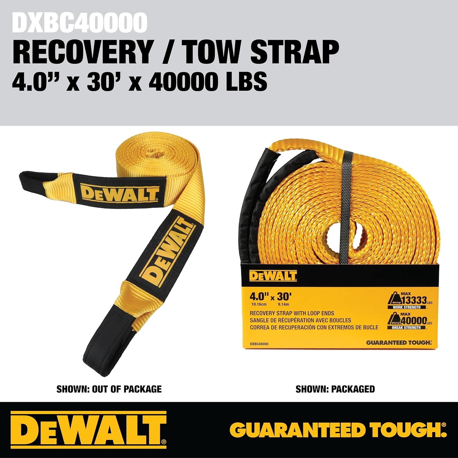 image:imageDEWALT 43040000 lbs HeavyDuty Tow and Recovery Strap 1Pack 40000 lbs Break Strength WeatherResistant Strap Oversized Sleeves Reinforced Loop Ends for Heavyweight Tow and Recovery