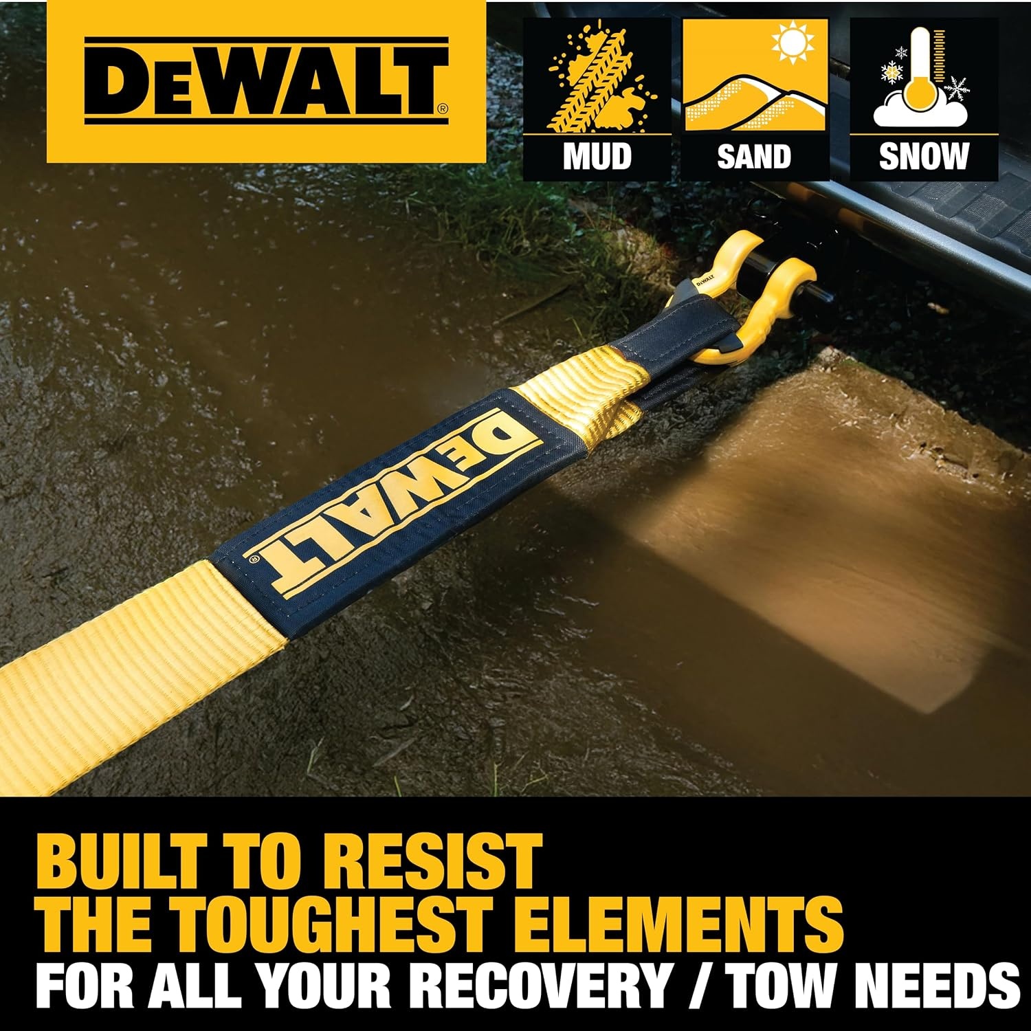 image:imageDEWALT 43040000 lbs HeavyDuty Tow and Recovery Strap 1Pack 40000 lbs Break Strength WeatherResistant Strap Oversized Sleeves Reinforced Loop Ends for Heavyweight Tow and Recovery
