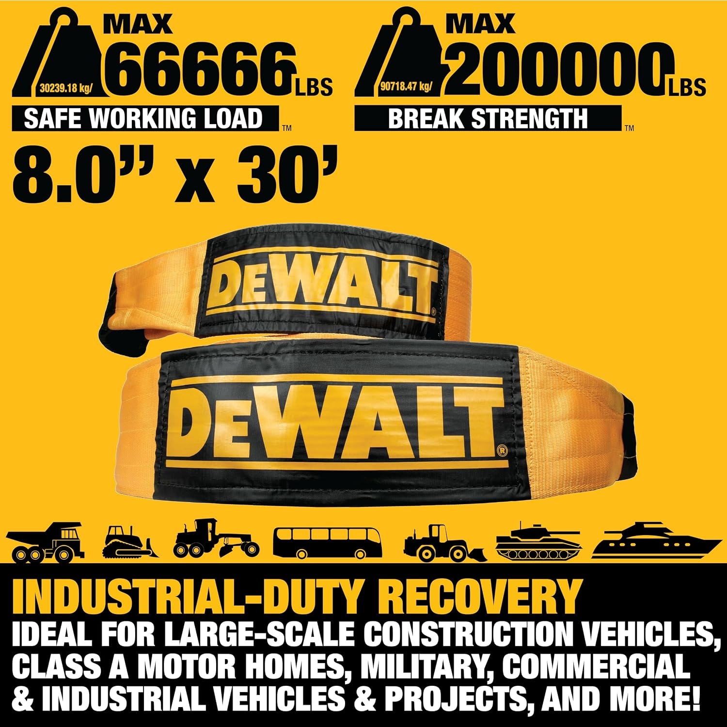 image:imageDEWALT 650150000 lbs Tow amp Recovery Strap with Reinforced Looped Ends 4Ply Weather amp WearResistant StrapOversized Wear Guards Recover SemisConstruction VehiclesMotorhomes From Tough Terrain8 x 30