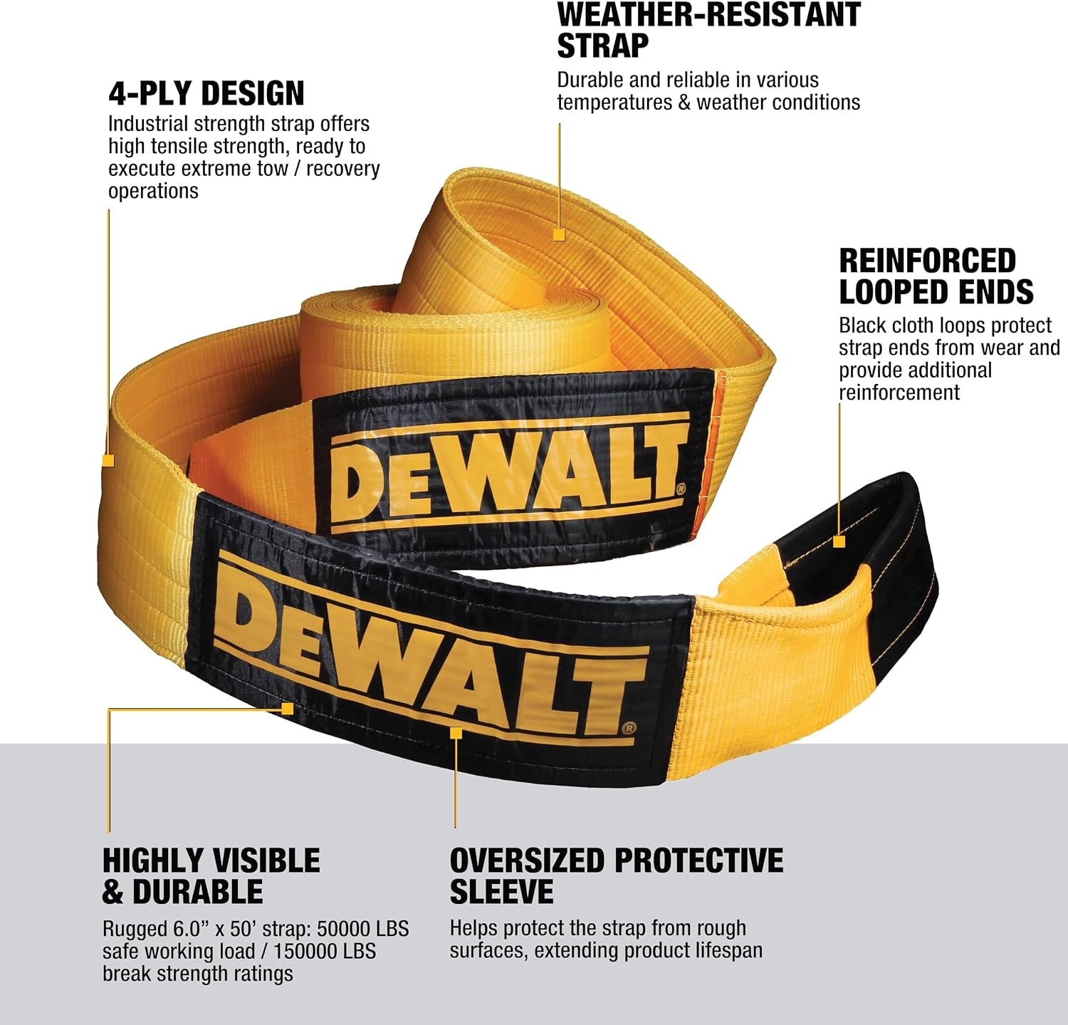 image:imageDEWALT 650150000 lbs Tow amp Recovery Strap with Reinforced Looped Ends 4Ply Weather amp WearResistant StrapOversized Wear Guards Recover SemisConstruction VehiclesMotorhomes From Tough Terrain6x 50