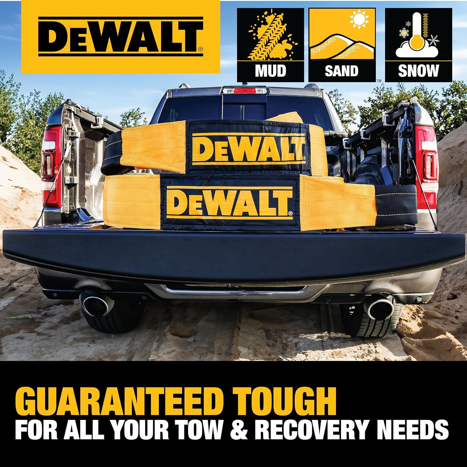 image:imageDEWALT 650150000 lbs Tow amp Recovery Strap with Reinforced Looped Ends 4Ply Weather amp WearResistant StrapOversized Wear Guards Recover SemisConstruction VehiclesMotorhomes From Tough Terrain6x 50