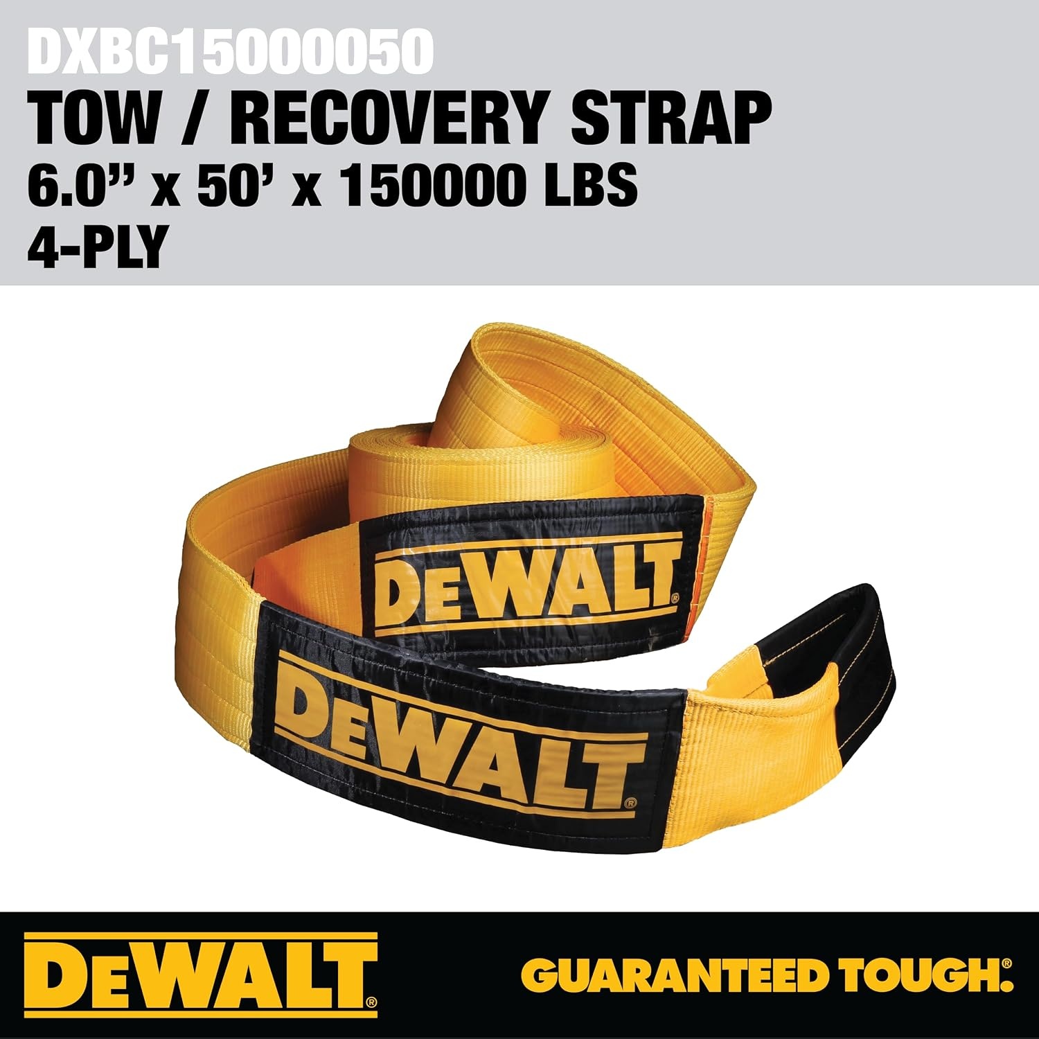 image:imageDEWALT 650150000 lbs Tow amp Recovery Strap with Reinforced Looped Ends 4Ply Weather amp WearResistant StrapOversized Wear Guards Recover SemisConstruction VehiclesMotorhomes From Tough Terrain6x 50